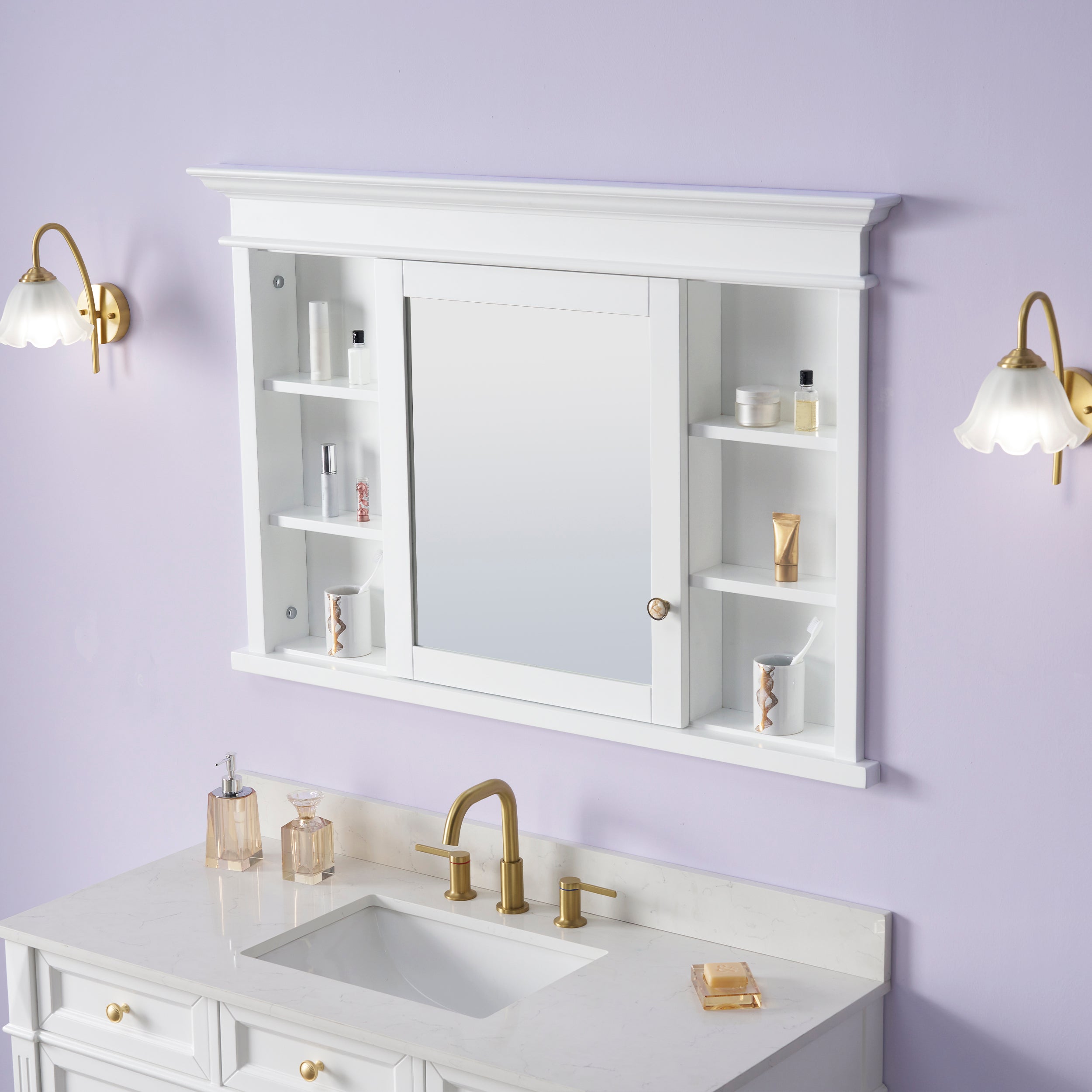 48 in.W x 32 in.H Recessed Solid Wood Bathroom Medicine Cabinet with Mirror in White