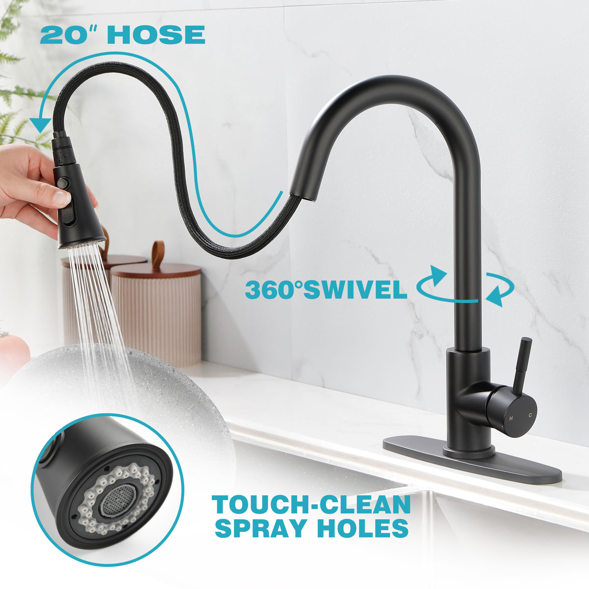 Classic High-Arc Pull-Down Kitchen Faucet with Dual-Function Spray Head & Retractable Hose, Single or 3-Hole Mount