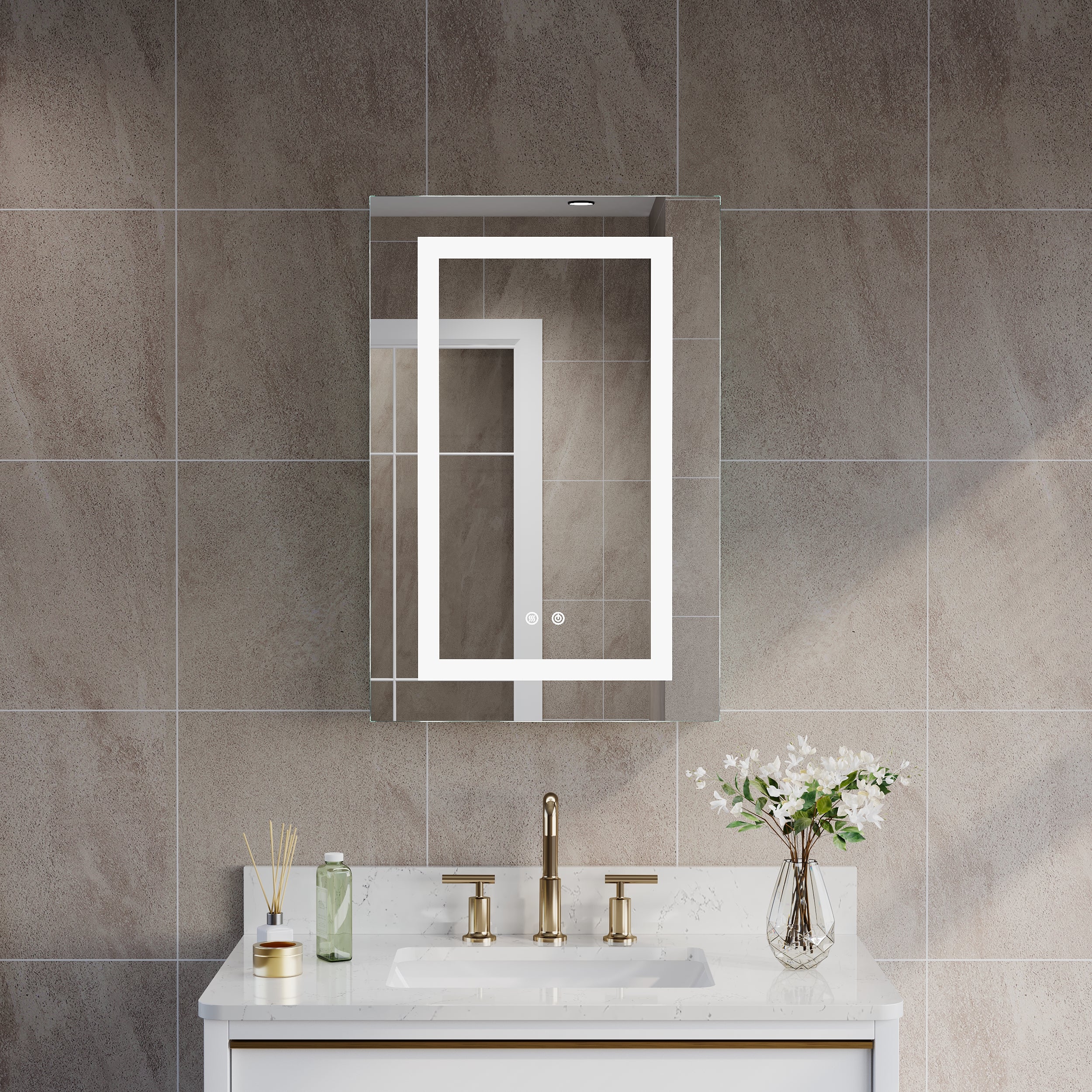 20 in. x 30 in. LED Lighted Surface/Recessed Mount Silver Mirrored Medicine Cabinet with Outlet Right Side