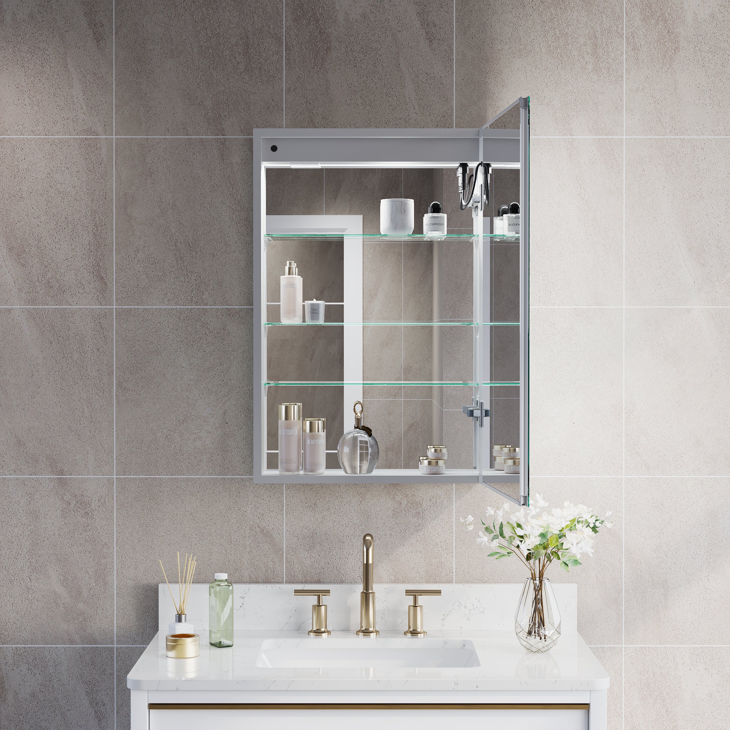 20 in. x 30 in. LED Lighted Surface/Recessed Mount Silver Mirrored Medicine Cabinet with Outlet Right Side