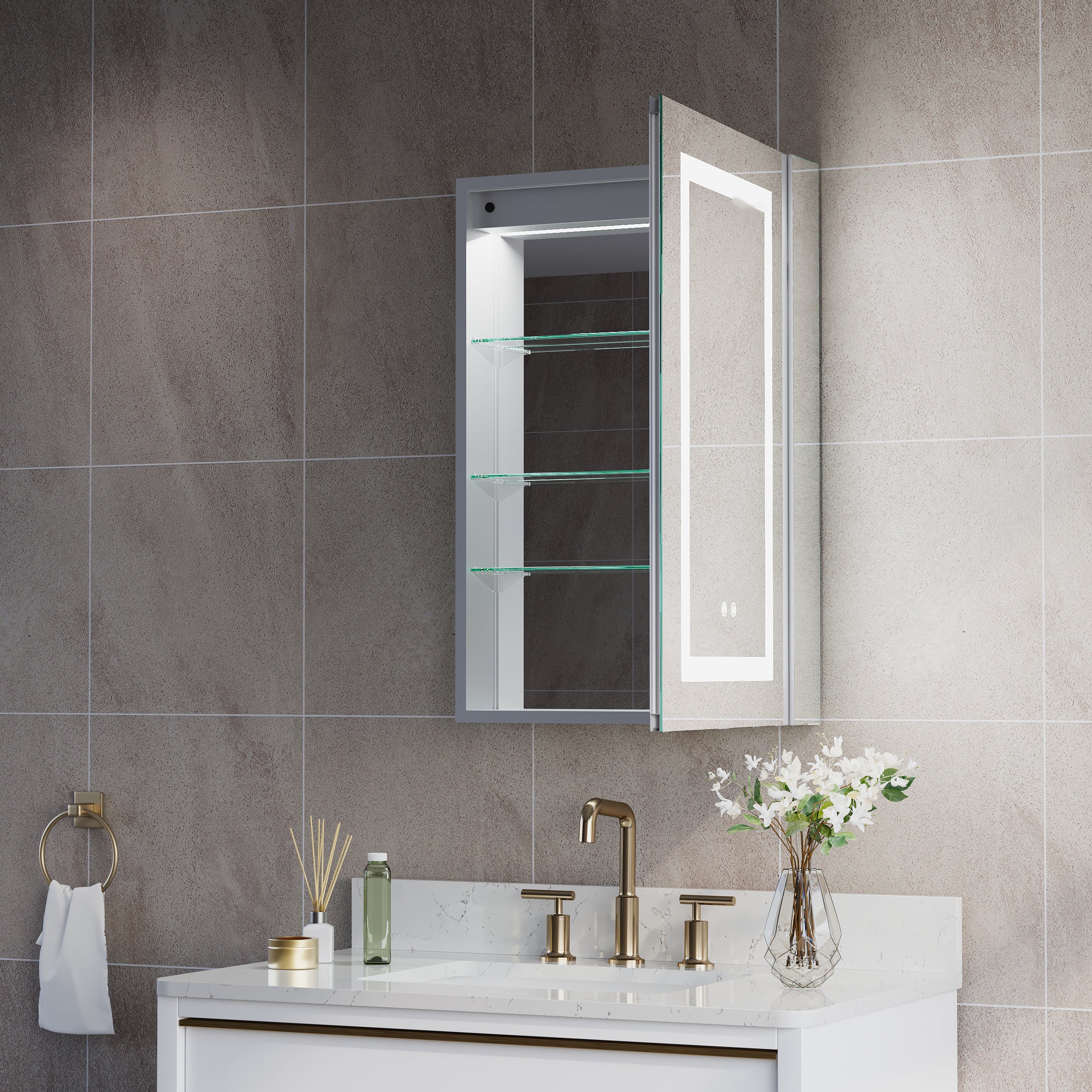 20 in. x 30 in. LED Lighted Surface/Recessed Mount Silver Mirrored Medicine Cabinet with Outlet Right Side