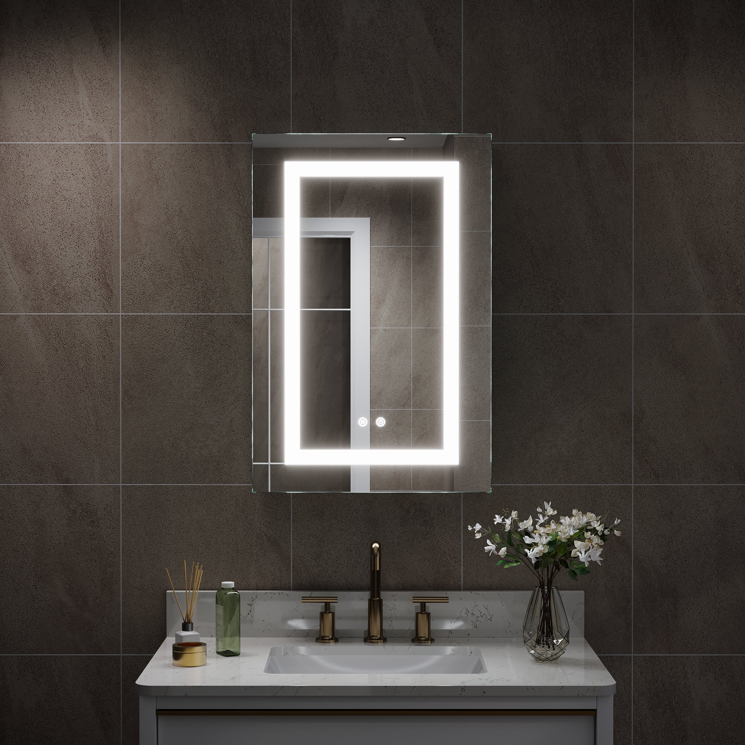 20 in. x 30 in. LED Lighted Surface/Recessed Mount Silver Mirrored Medicine Cabinet with Outlet Right Side