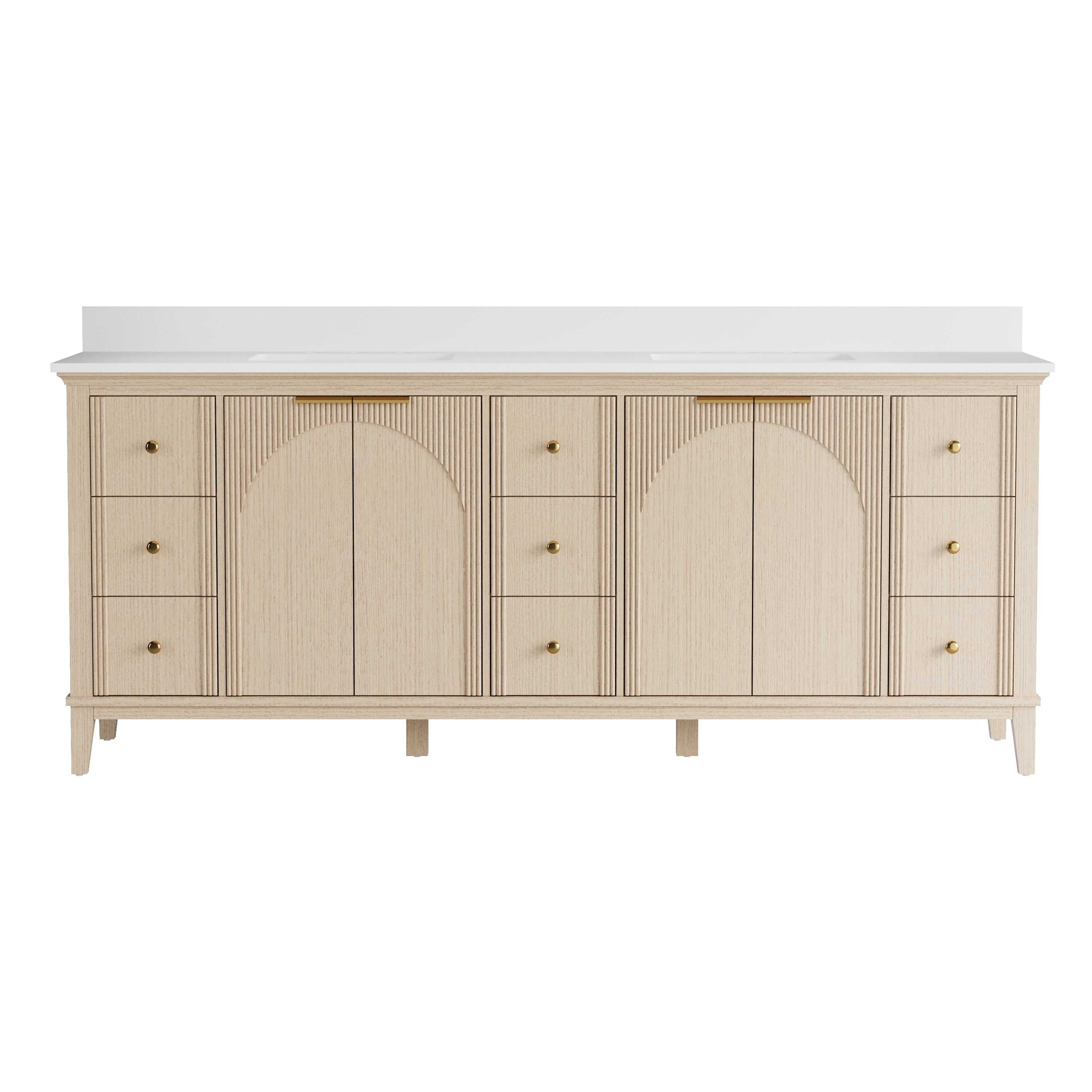 84 Inch Modern Light Oak Solid Wood Bathroom Vanity with White Quartz Countertop & 9 Soft-Close Drawers