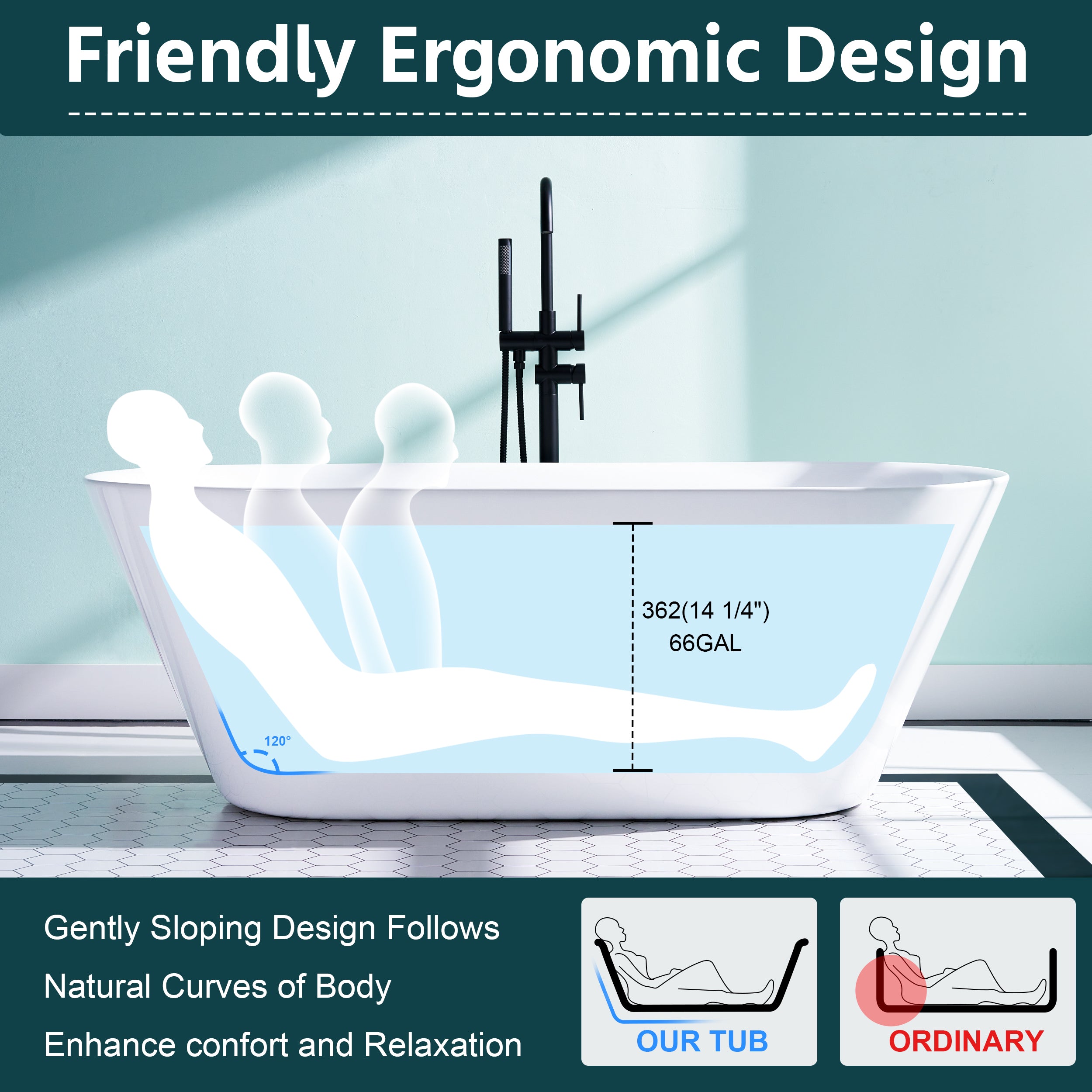 66" Freestanding Glossy White Acrylic Bathtub with Slotted Overflow