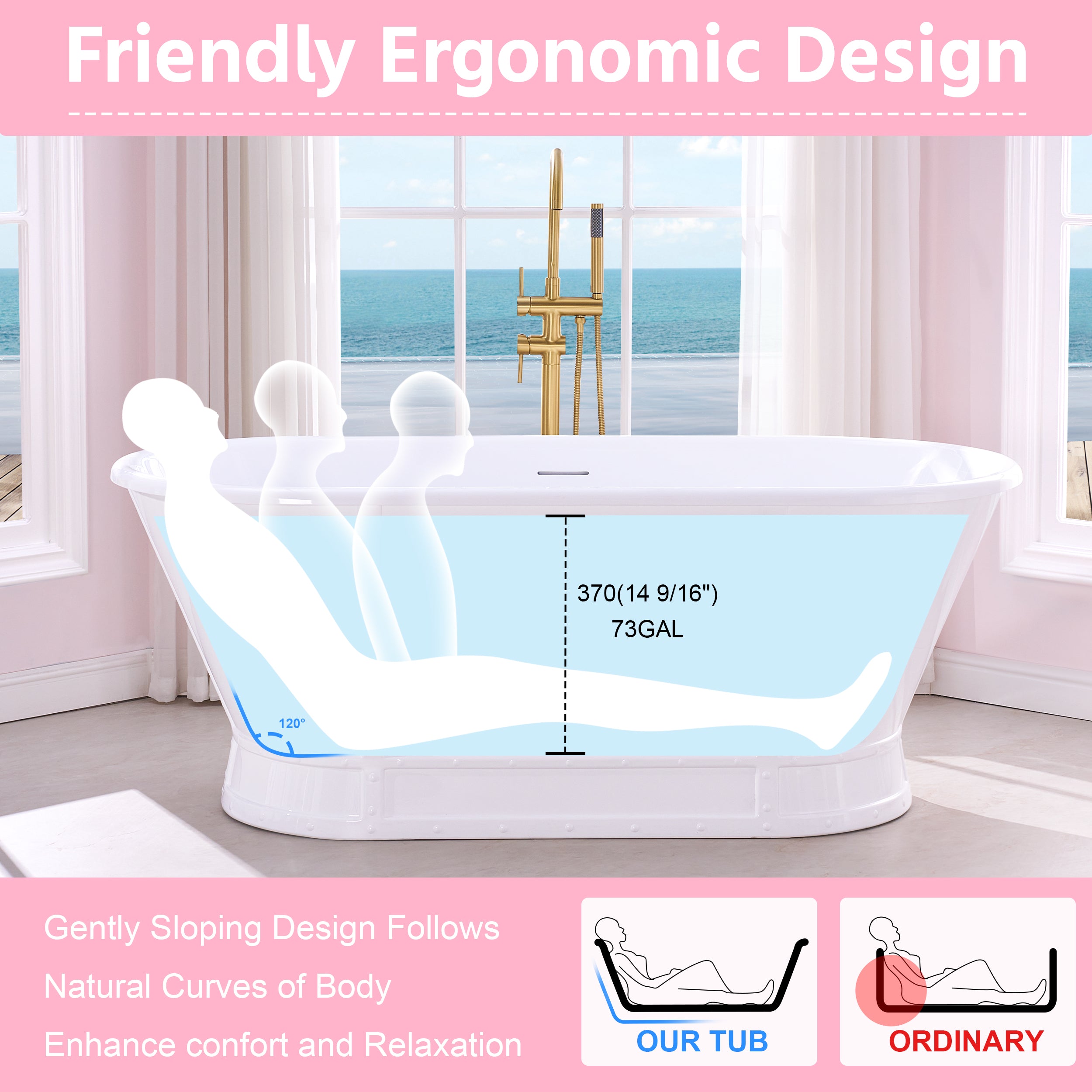 66" Freestanding Glossy White Acrylic Bathtub with Integrated Overflow