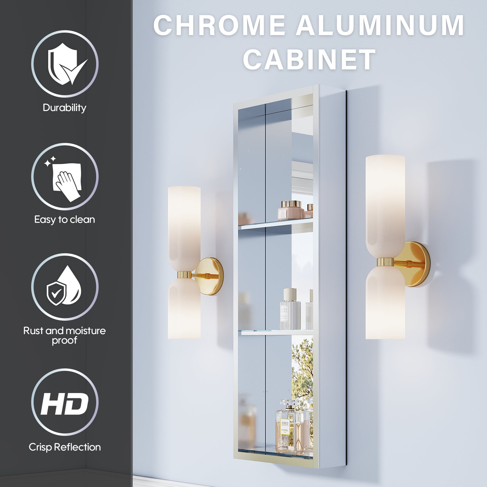 12 in.×36 in. Recessed/Surface Mount Aluminum Medicine Cabinet with Open Shelves and 3 PCS Tempered Glass