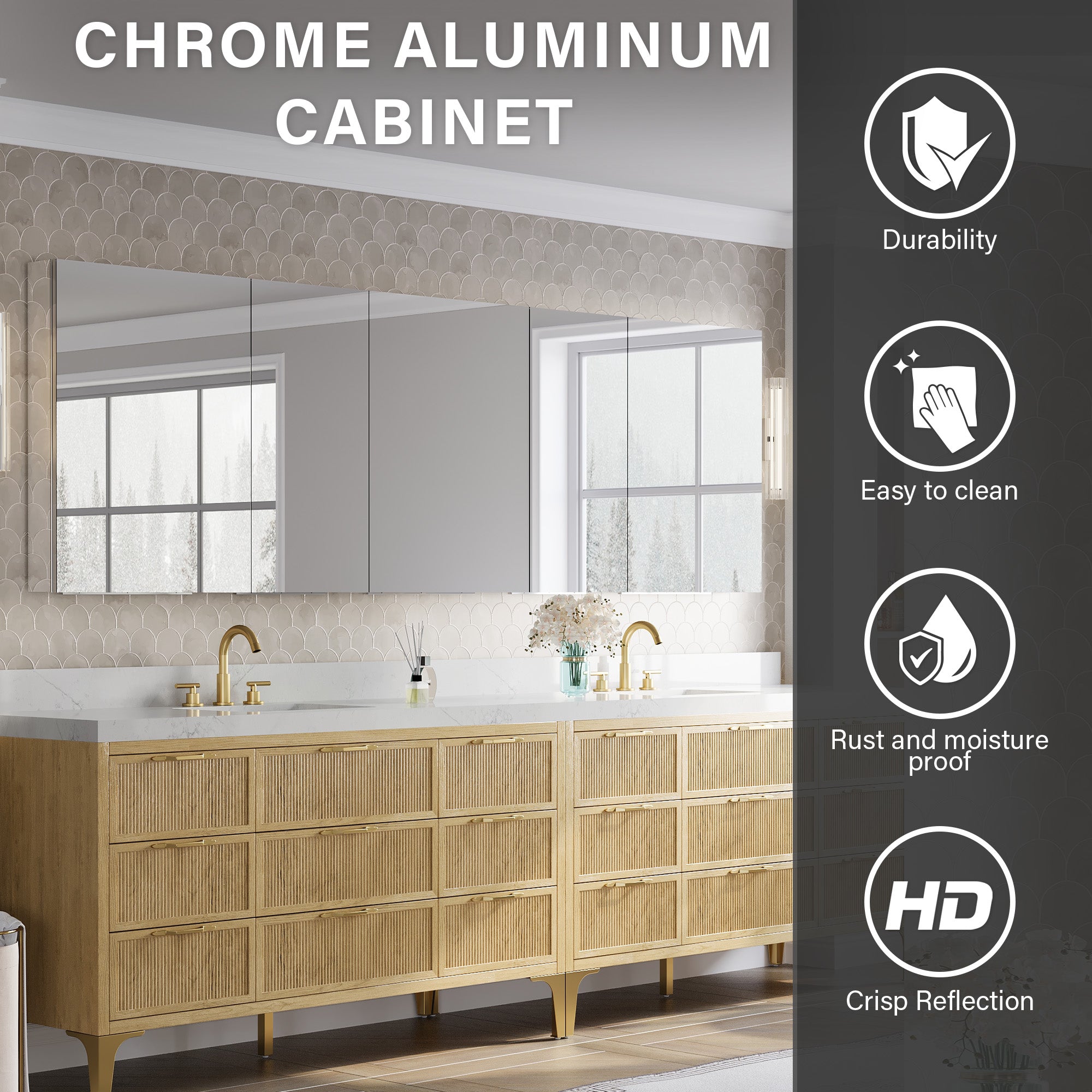 104 in.×32 in.H Copper-Free Mirror Medicine Cabinet with Soft-Close Blum® Hinges and 5 Doors