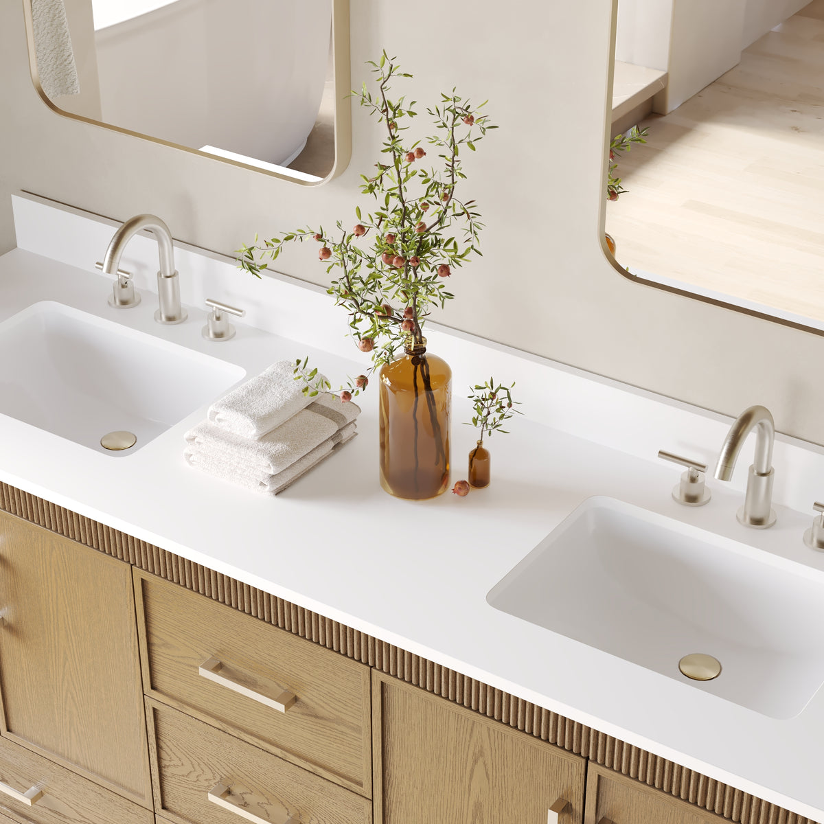 72 Inch Freestanding Solid Wood Bathroom Vanity with Pure White Quartz Countertop, 4 Soft-Close Doors & 5 Dovetail Drawers, Walnut