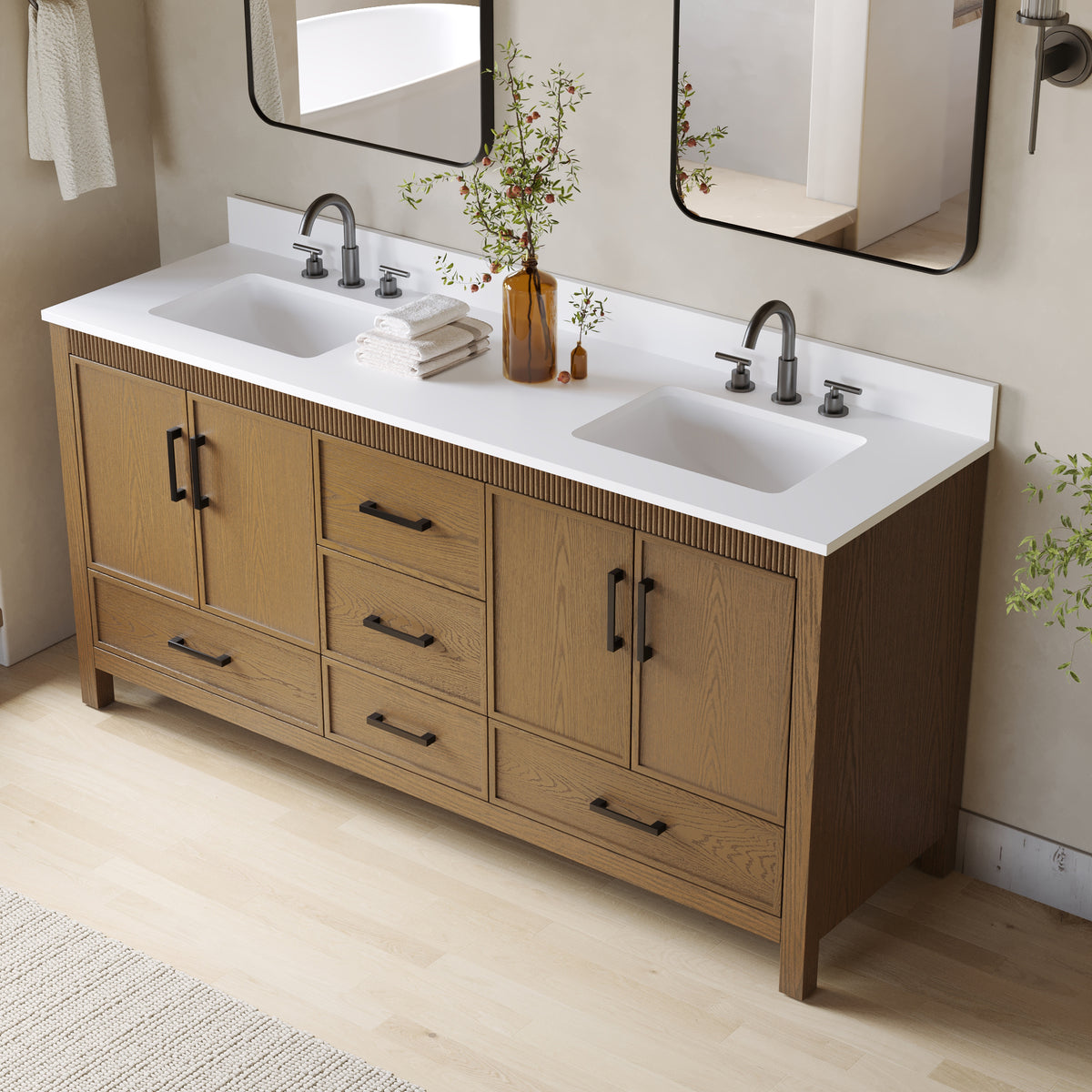 72 Inch Freestanding Solid Wood Bathroom Vanity with Pure White Quartz Countertop, 4 Soft-Close Doors & 5 Dovetail Drawers, Walnut