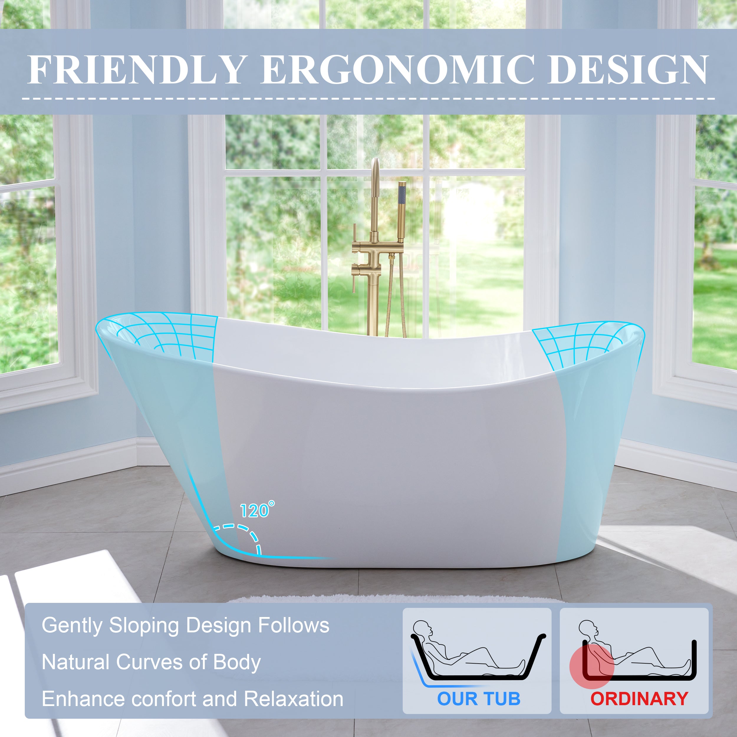 67" Luxury Acrylic Freestanding Flatbottom Bathtub in White