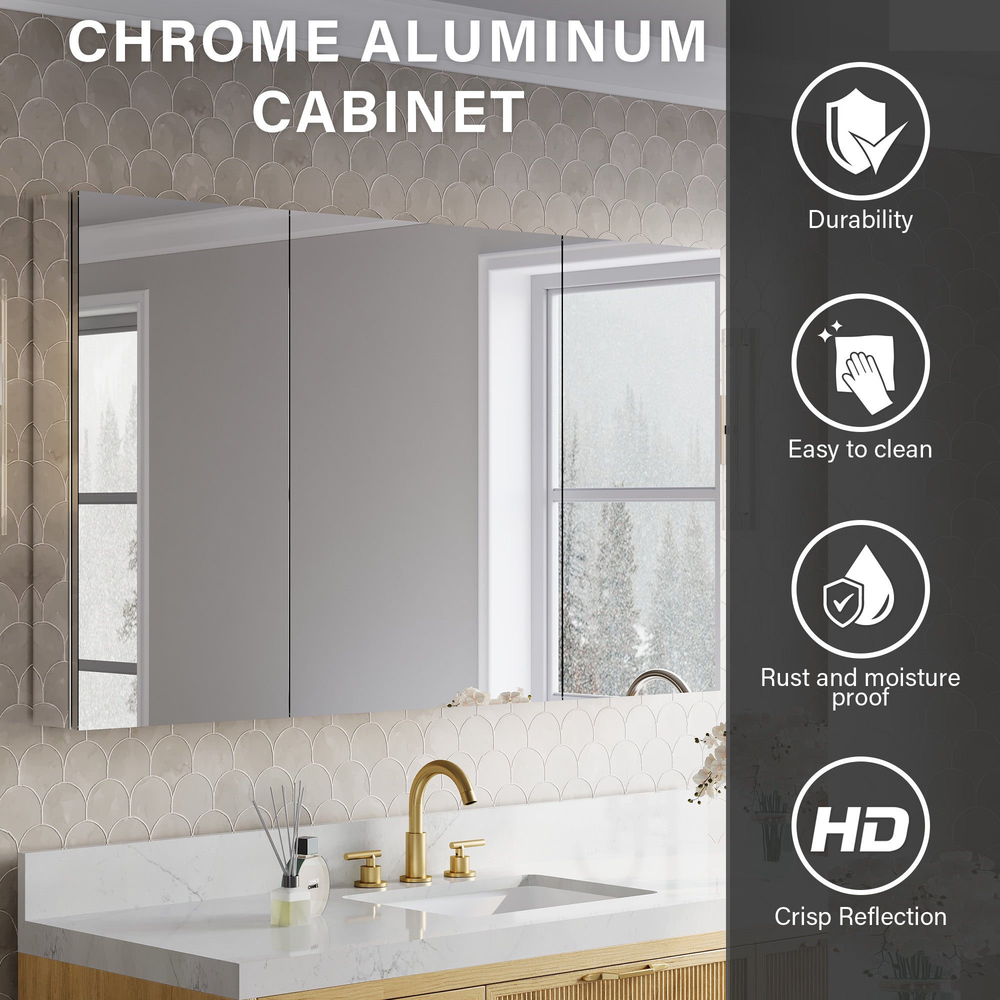 56 in.×32 in.H Aluminum Copper-Free Mirror Medicine Cabinet with Soft-Close Blum® Hinges and Recessed/Surface Mount