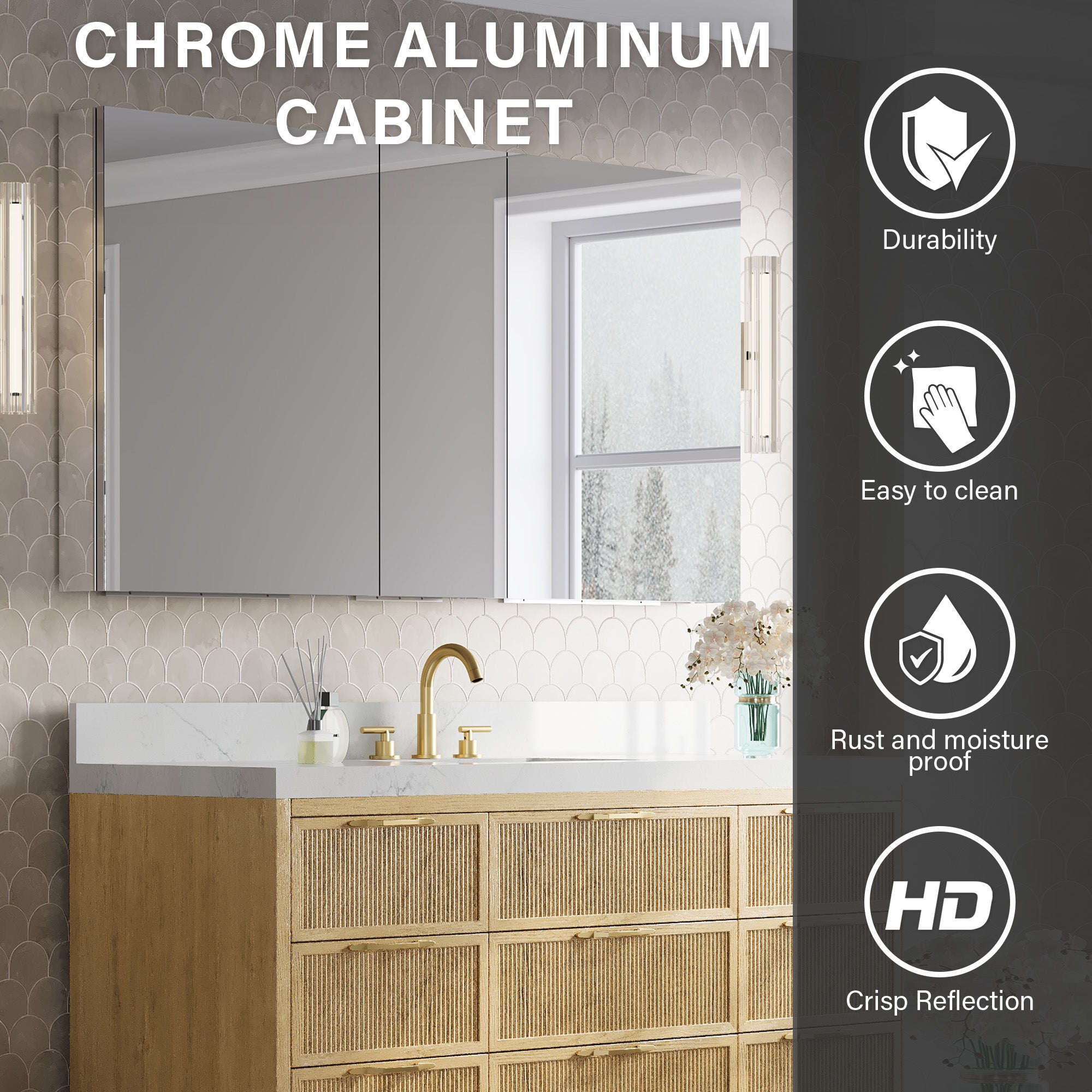 60 in.×32 in.H Copper-Free Mirror Medicine Cabinet with Soft-Close Blum® Hinges and 3 Doors