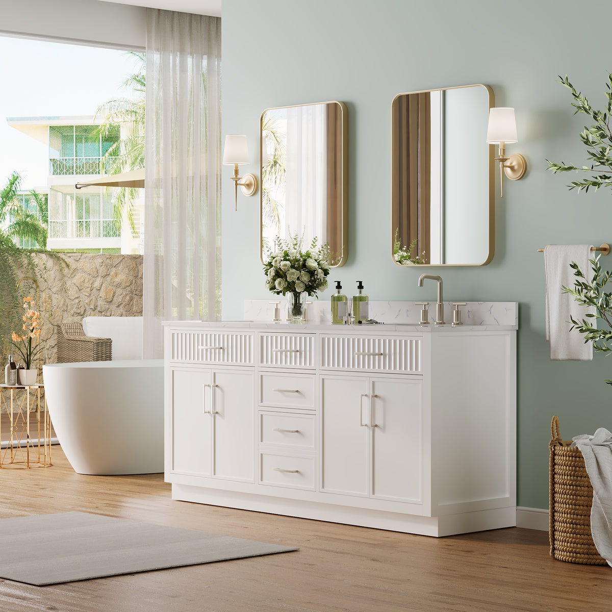 72 Inch Freestanding Solid Wood & Plywood Bathroom Vanity with Soft-Close Drawers, Carrara White Quartz Countertop, White