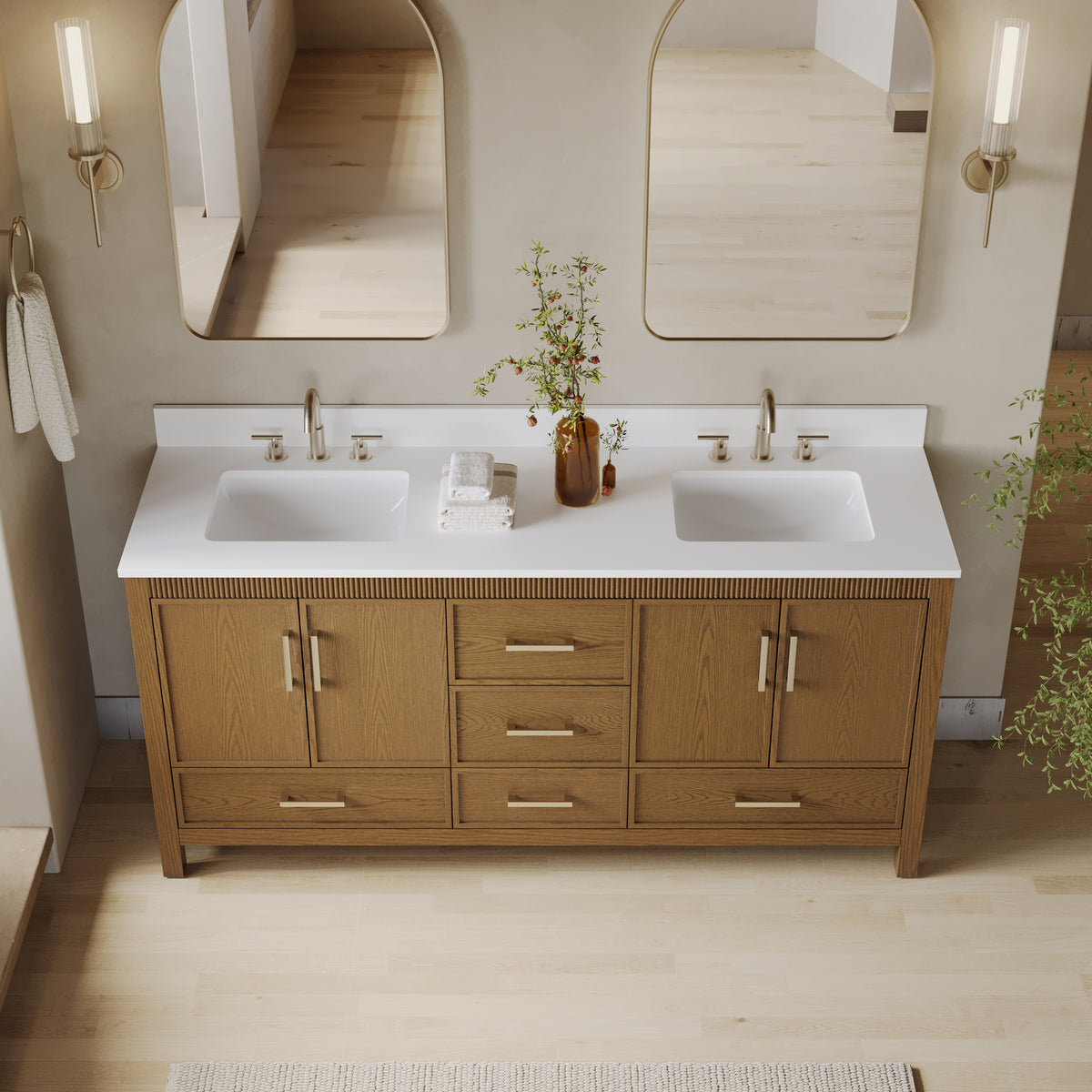 72 Inch Freestanding Solid Wood Bathroom Vanity with Pure White Quartz Countertop, 4 Soft-Close Doors & 5 Dovetail Drawers, Walnut