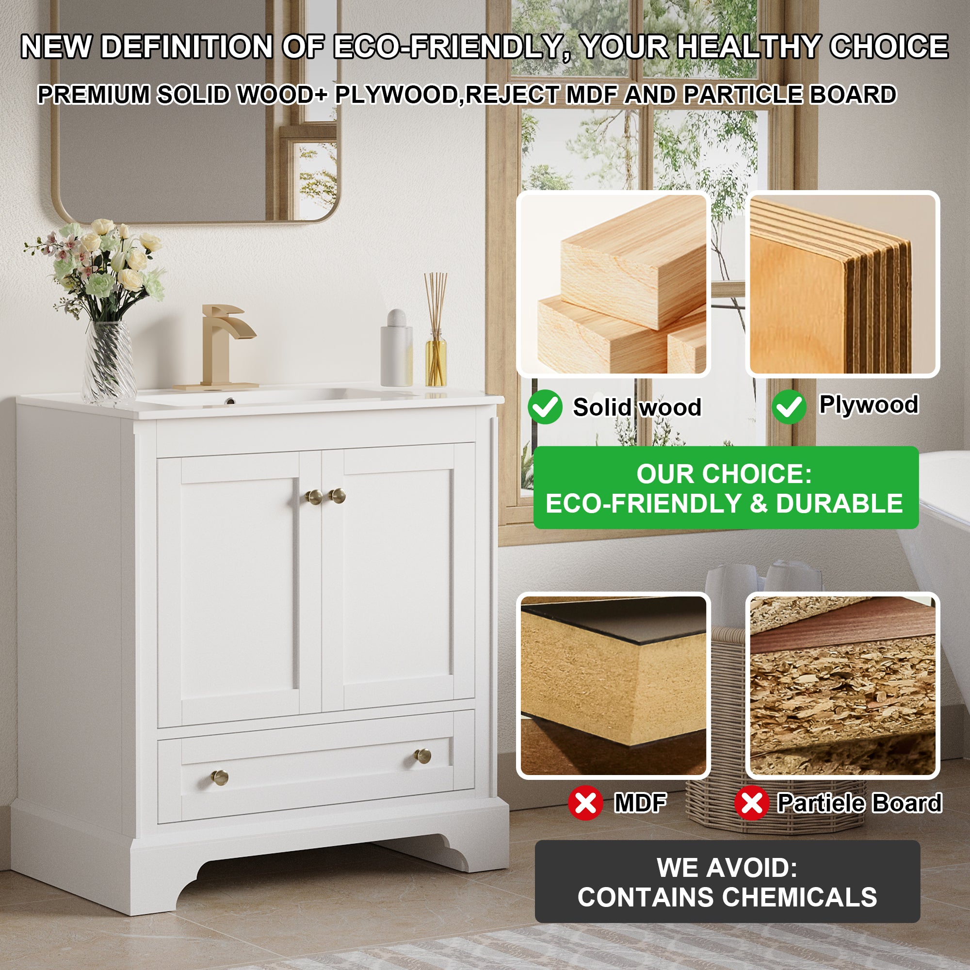 30 inch Bathroom Vanity with Sink Combo Set, Solid Wood Bathroom Storage Cabinet with Soft-Closing Doors, White