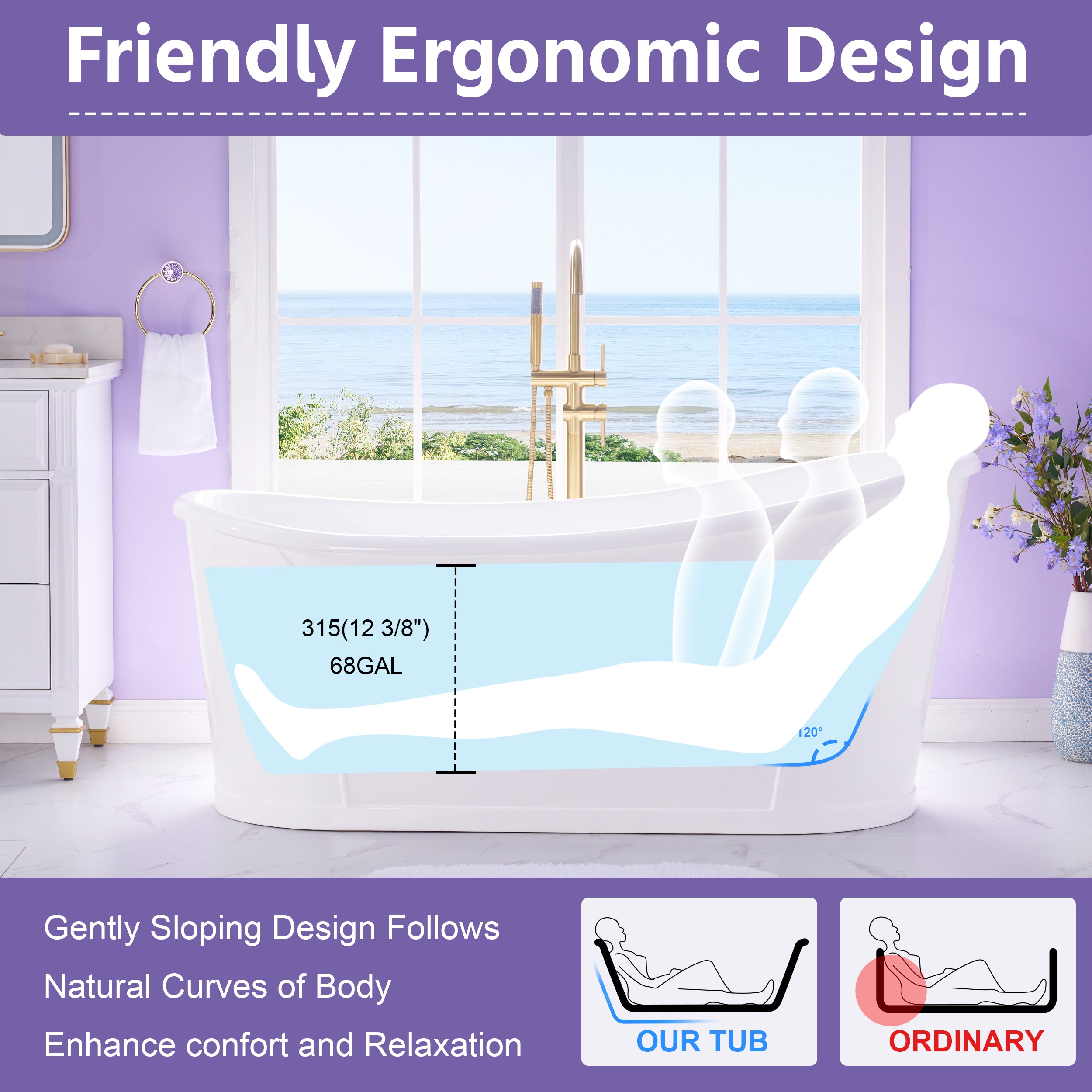 66" White Acrylic Freestanding Bathtub with Integrated Slotted Overflow