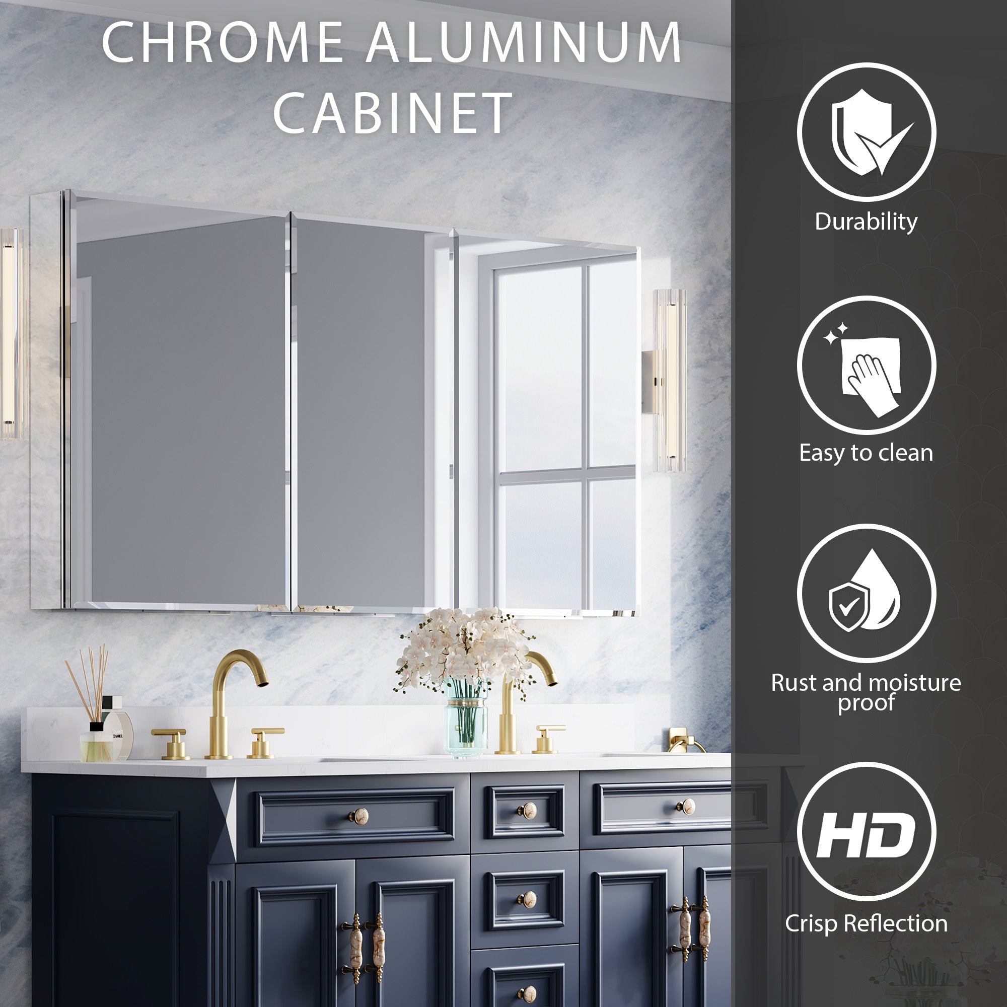 56 in.×30 in.H Aluminum Copper-Free Mirror Medicine Cabinet with Beveled Mirror Door, Recessed or Surface Mount, Adjustable Shelves