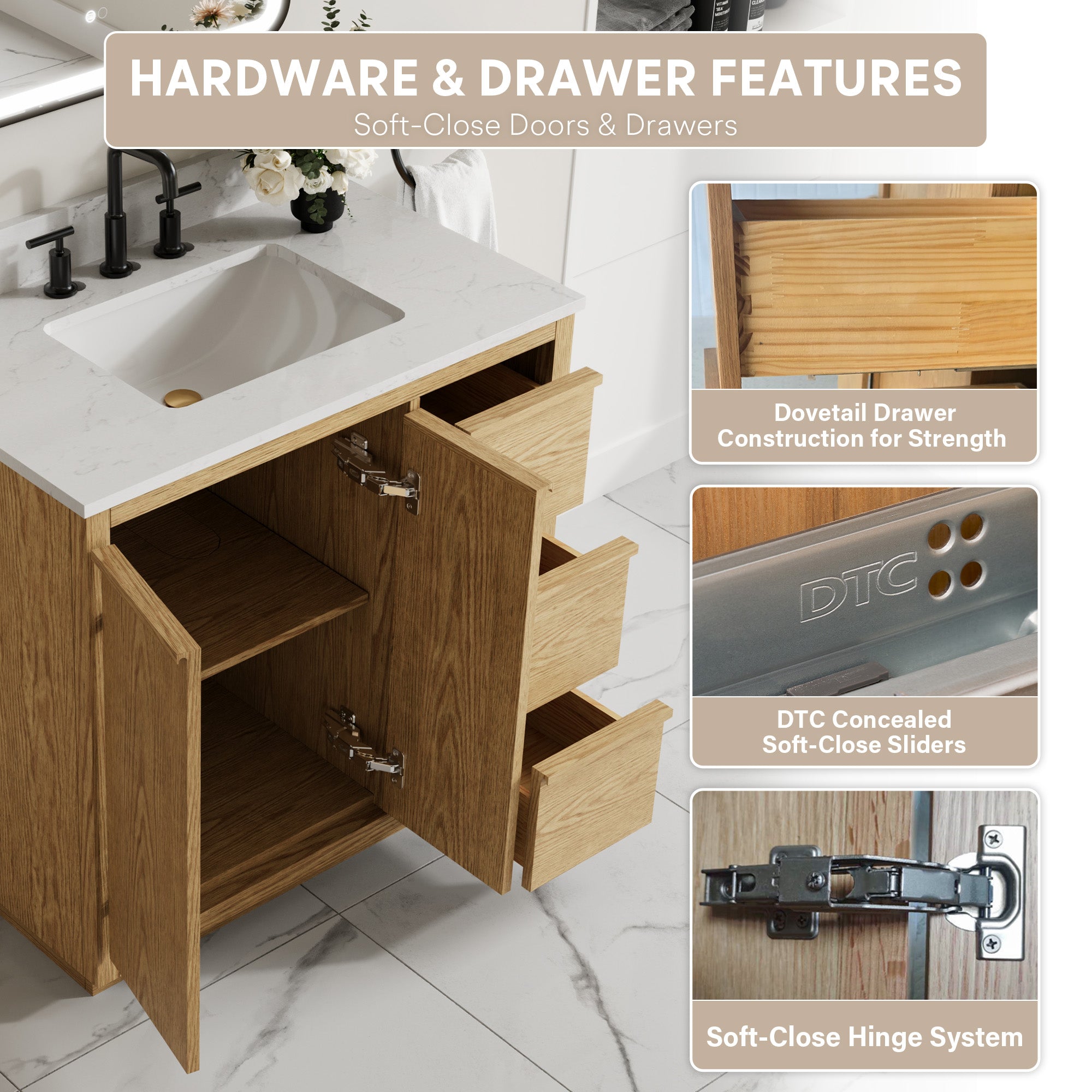 36 Inch Oak Soild Wood Bathroom Vanity with Sink, 3 Dovetail-constructed Drawers and 2 Soft-close Doors