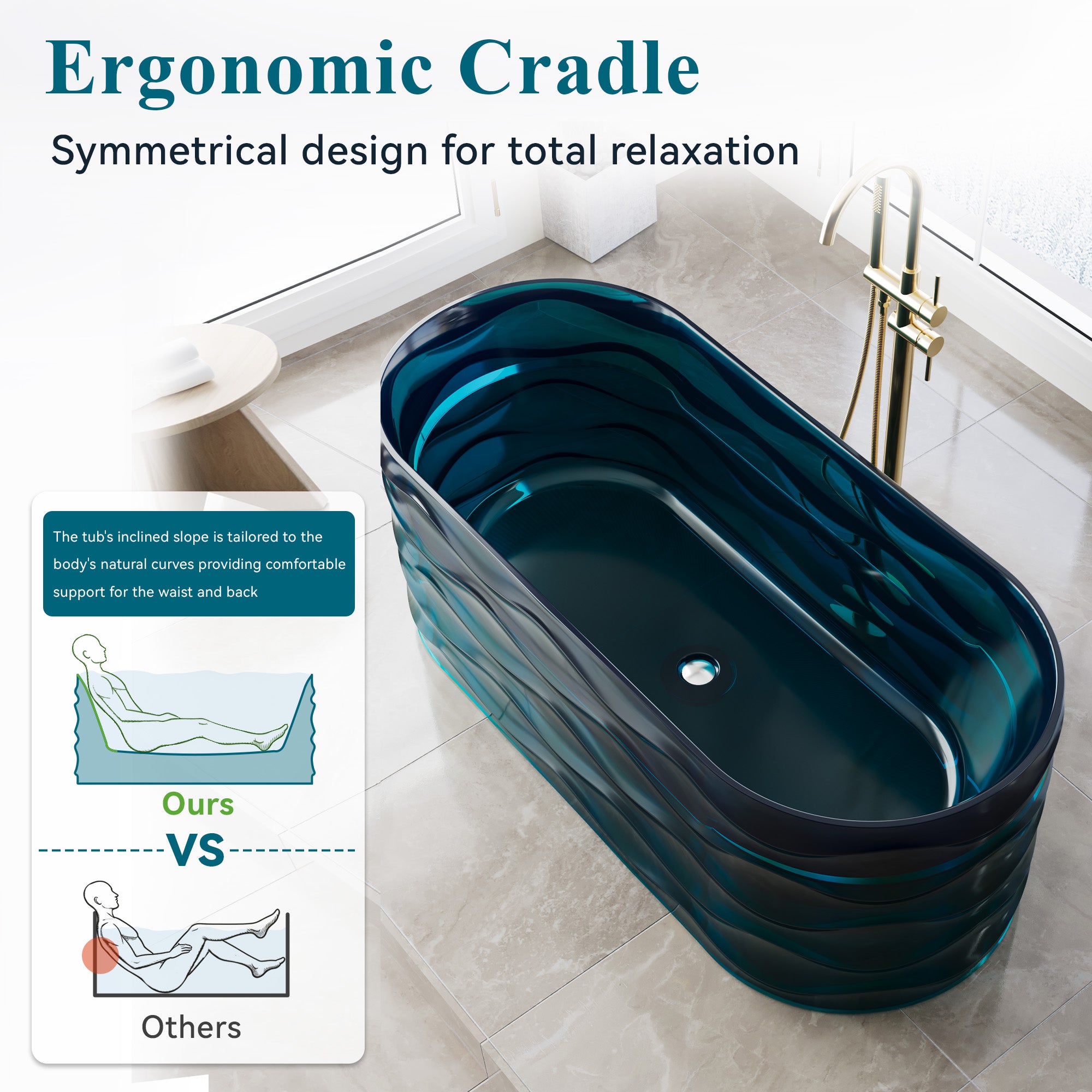 62" Pure Resin Transparent Freestanding Bathtub with Drain, Transparent Sea Blue
