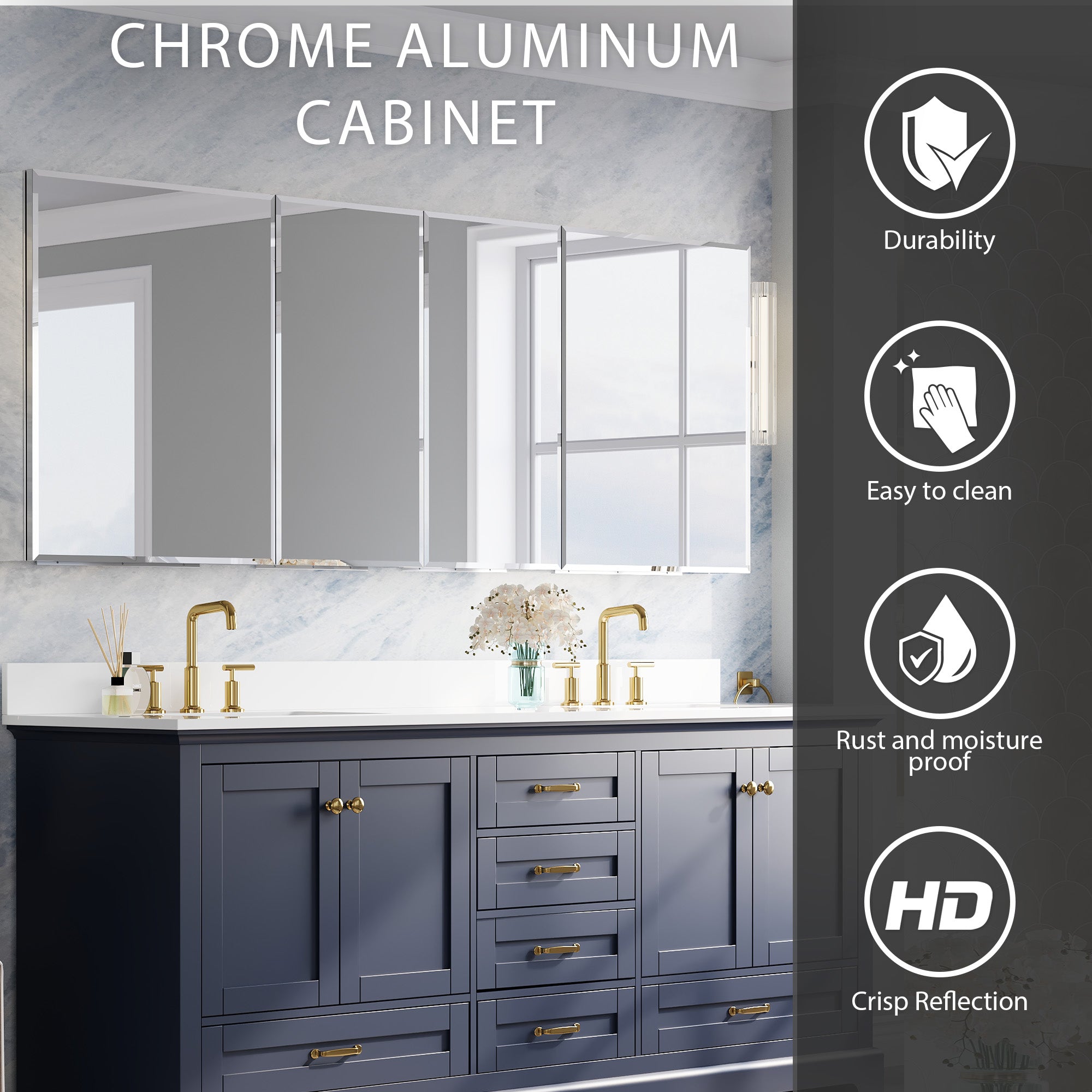 80 in.×30 in.H Copper-Free Mirror Medicine Cabinet with Beveled Mirror Door, Soft-Close Blum® Hinges, 12 Adjustable Shelves