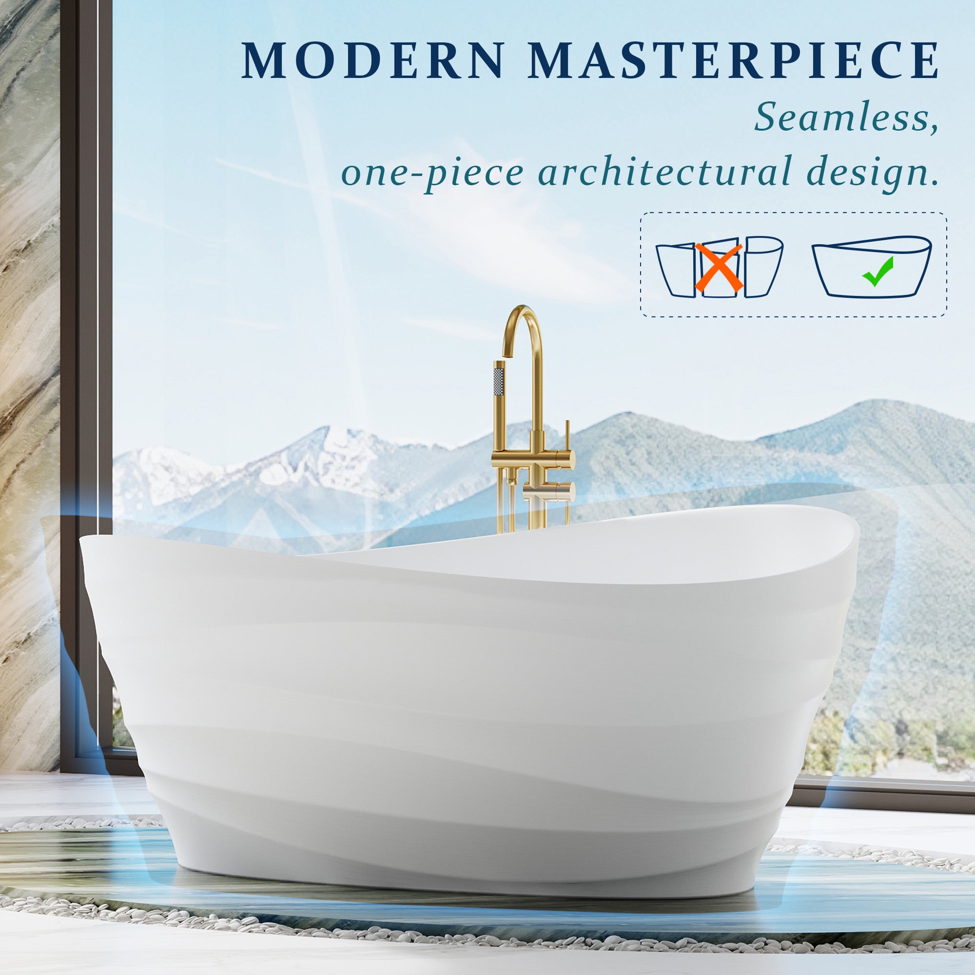 62" Freestanding Bathtub with Unique Ripple Texture, Modern Solid surface Soaking Tub with Overflow & Drain, Matte White