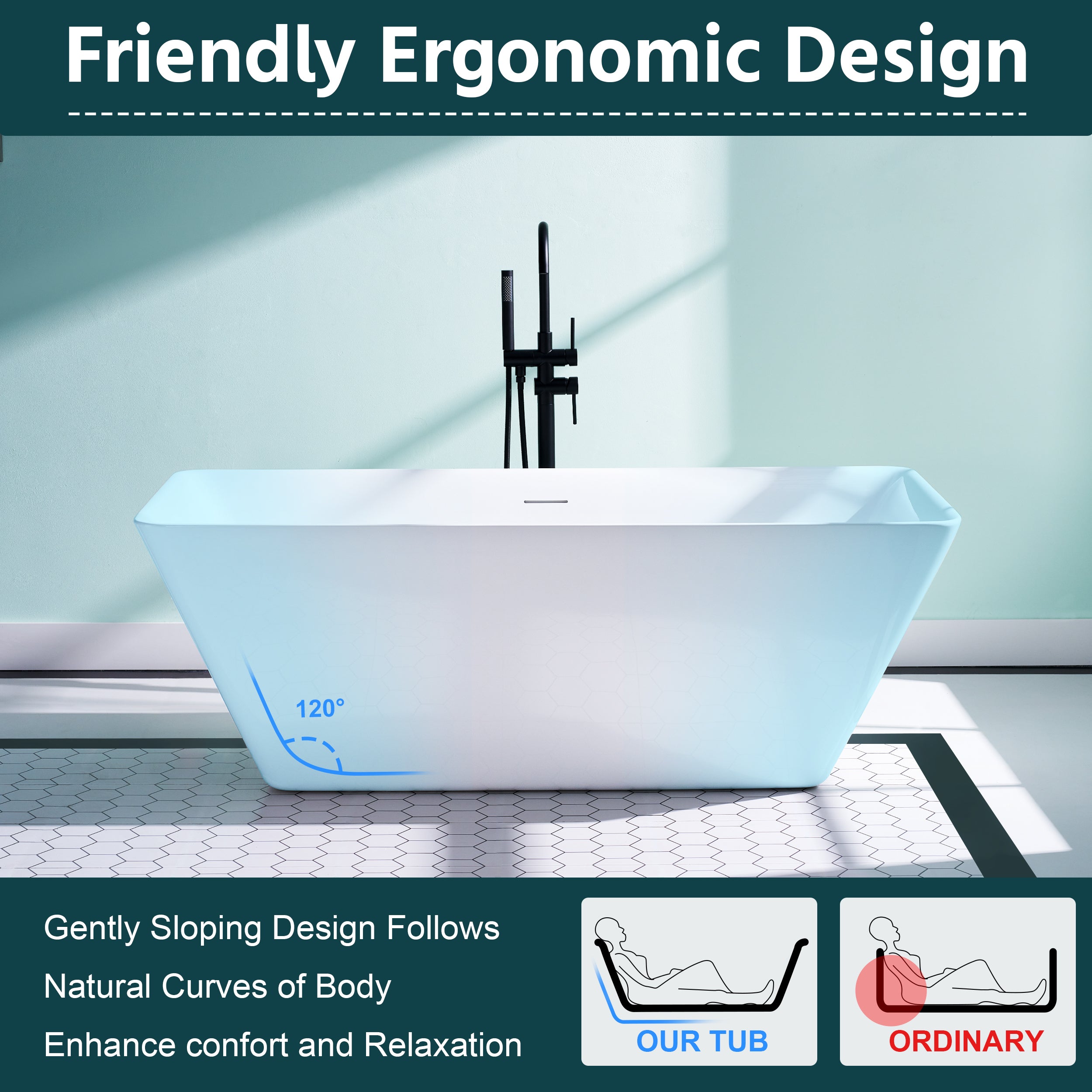 66" Freestanding Glossy White Acrylic Bathtub with Overflow and Drain Rectangle Tub