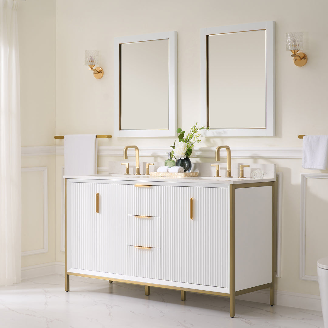 60 in. Bathroom Vanity in White with Quartz Vanity Top in Carrara