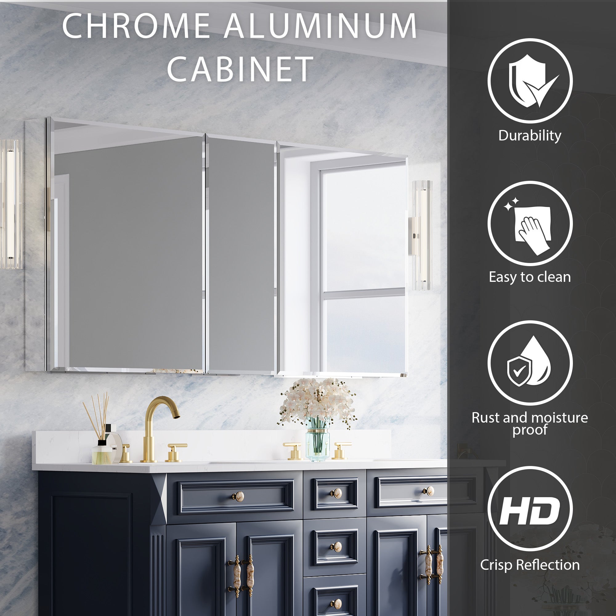 60 in.×30 in.H Aluminum Copper-Free Mirror Medicine Cabinet with Beveled Mirror Door, Recessed or Surface Mount, Adjustable Shelves