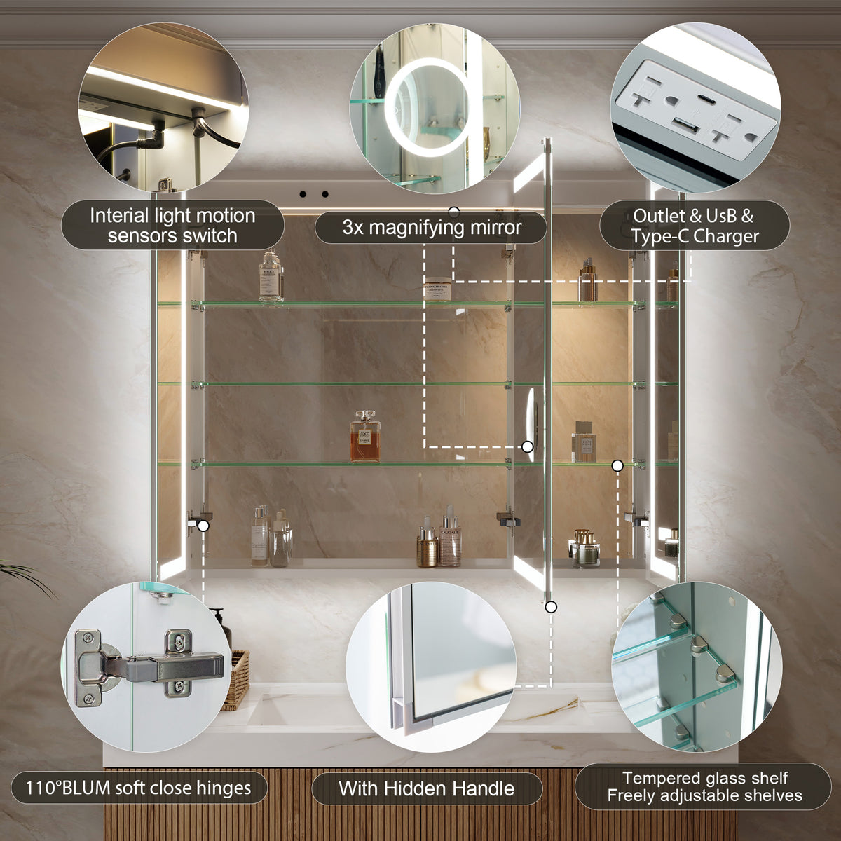 42 in. x 36 in. Aluminum LED Bathroom Medicine Cabinet with Anti-Fog, Dimmable Lighting, Outlet, Surface or Recessed Mount