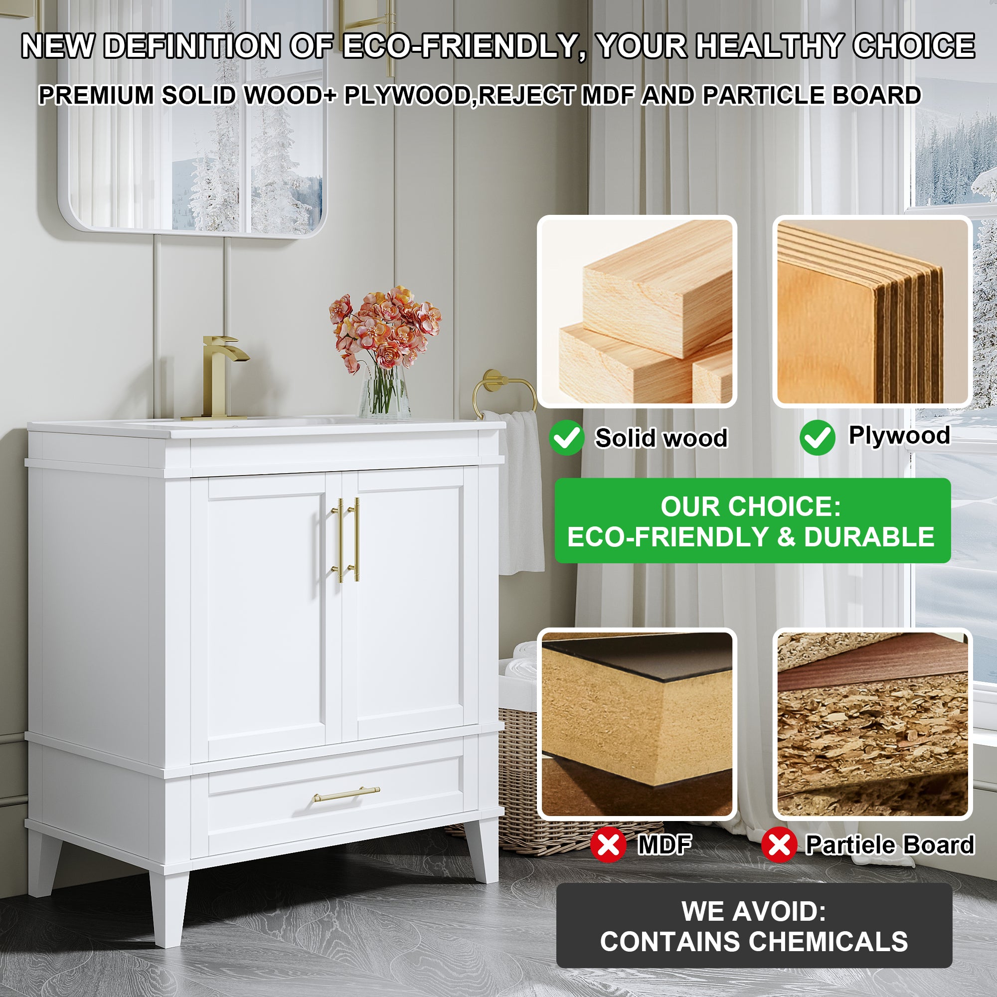 30 Inch Solid Wood Bathroom Vanity with cUPC Ceramic Sink, Brushed Gold Alloy Handles and Soft-Close Hinges