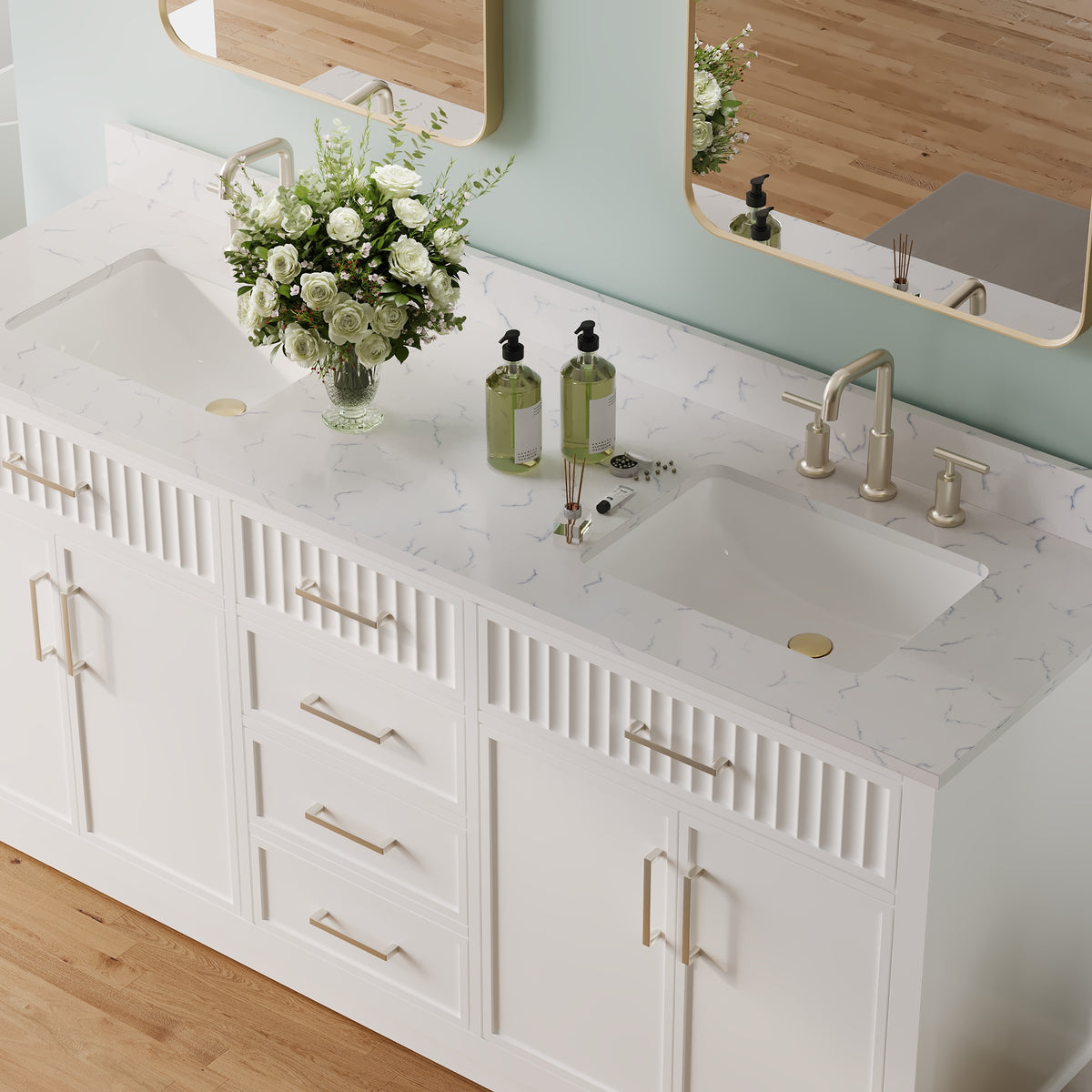 72 Inch Freestanding Solid Wood & Plywood Bathroom Vanity with Soft-Close Drawers, Carrara White Quartz Countertop, White