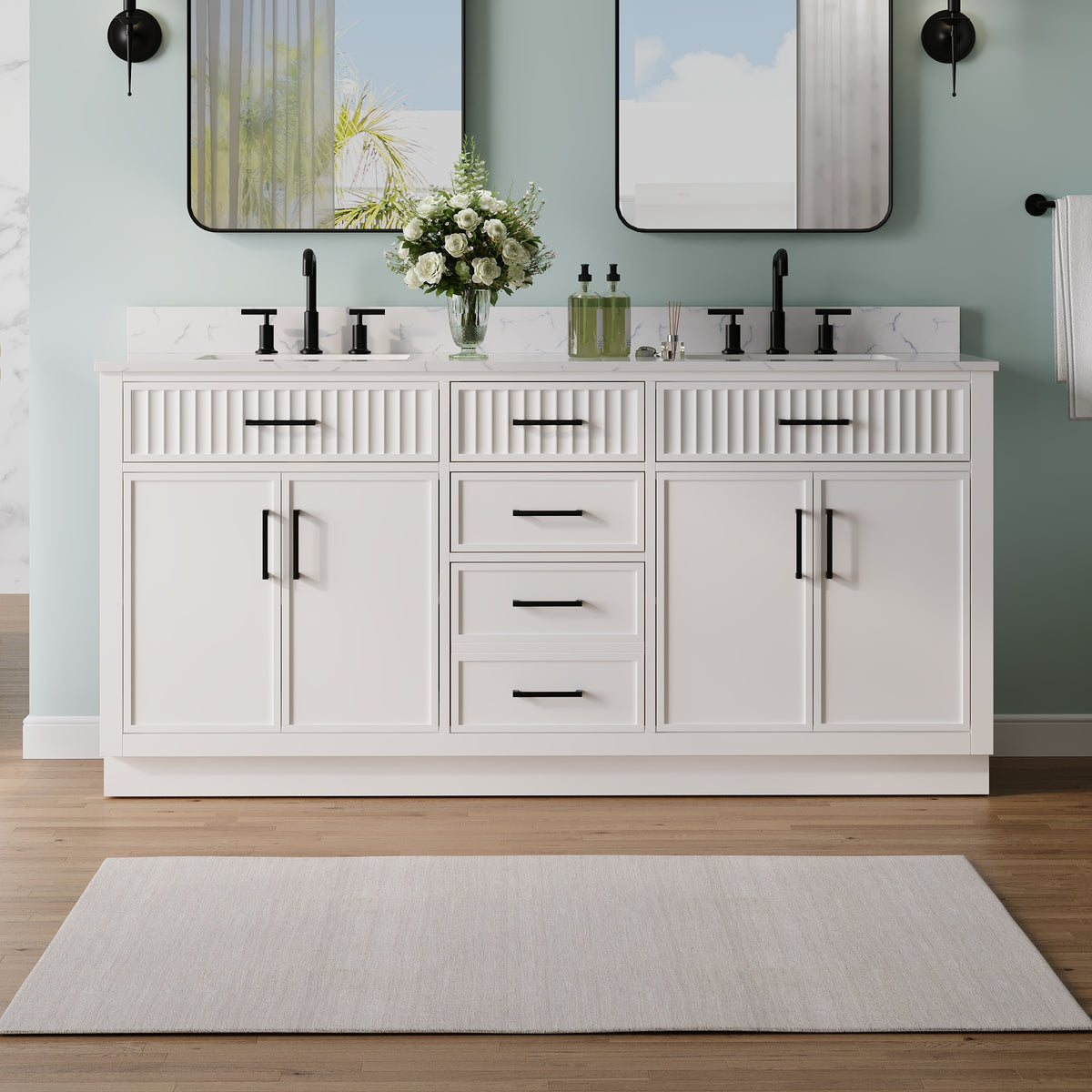 72 Inch Freestanding Solid Wood & Plywood Bathroom Vanity with Soft-Close Drawers, Carrara White Quartz Countertop, White