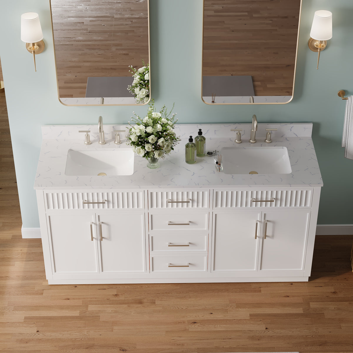 72 Inch Freestanding Solid Wood & Plywood Bathroom Vanity with Soft-Close Drawers, Carrara White Quartz Countertop, White