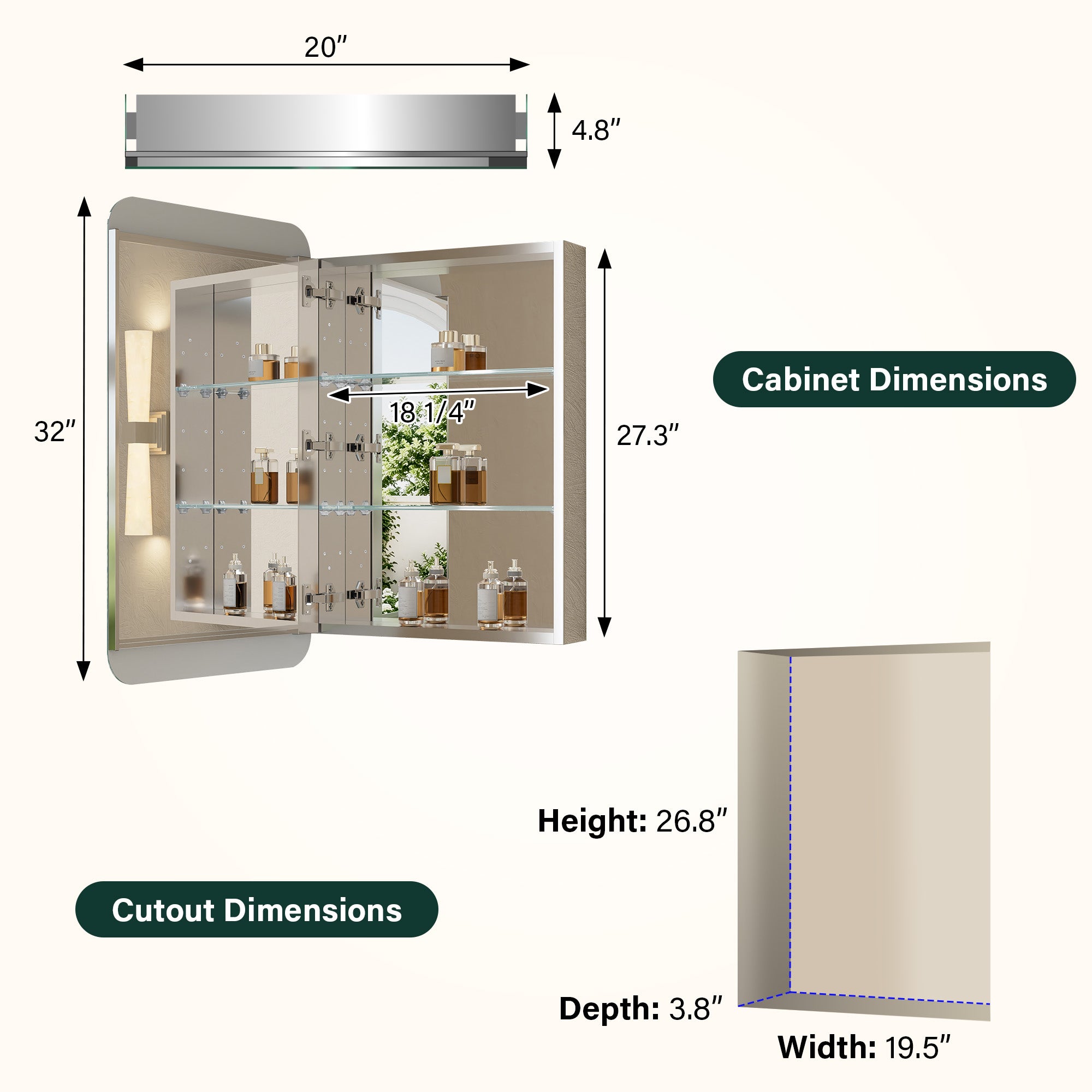 20 in. × 32 in. Aluminum Mirror Medicine Cabinet with Reversible Door Swing, Recessed or Surface Mount, Adjustable Shelves