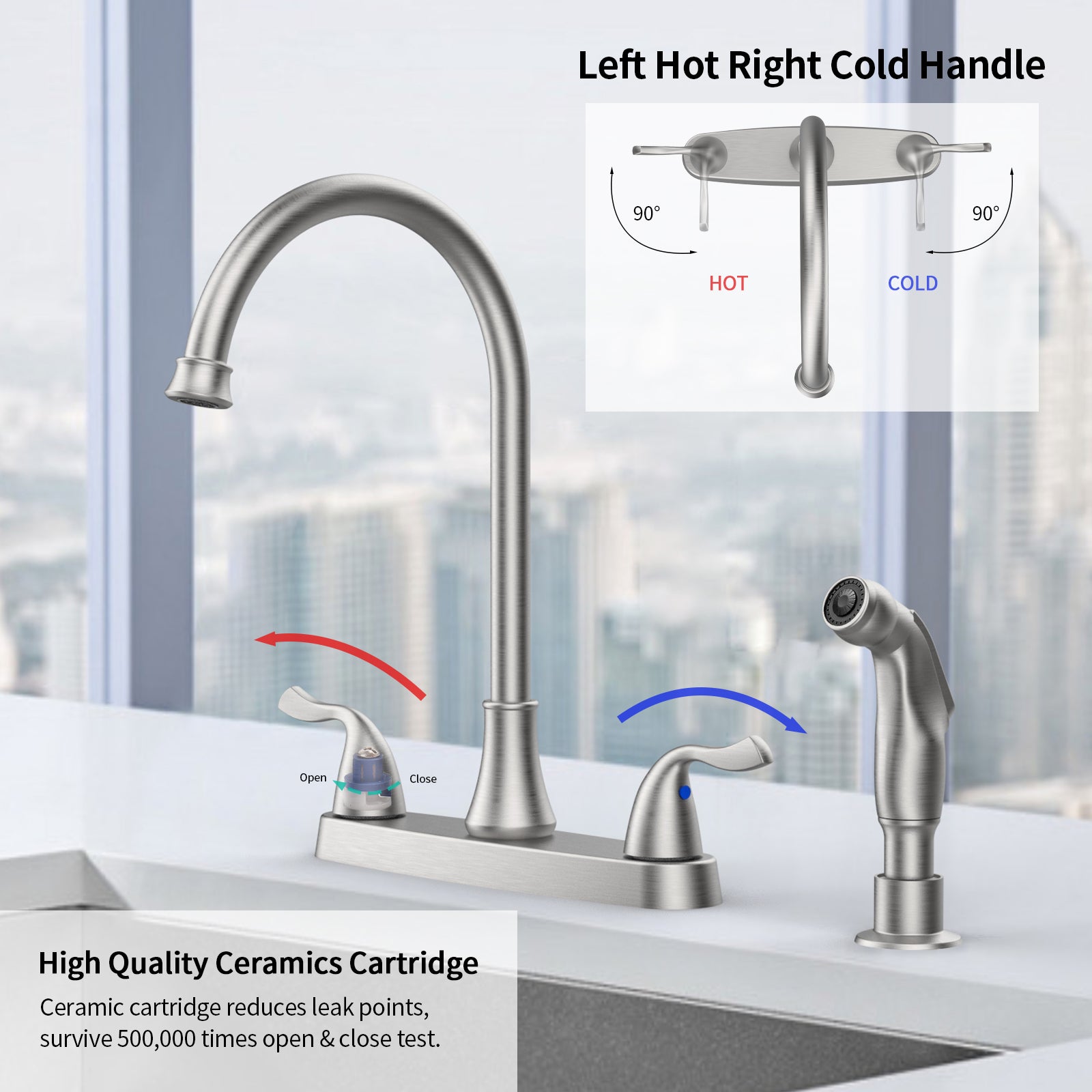 Brushed Nickel Two Handle Kitchen Faucet with 360 Swivel Pull Out Sprayer
