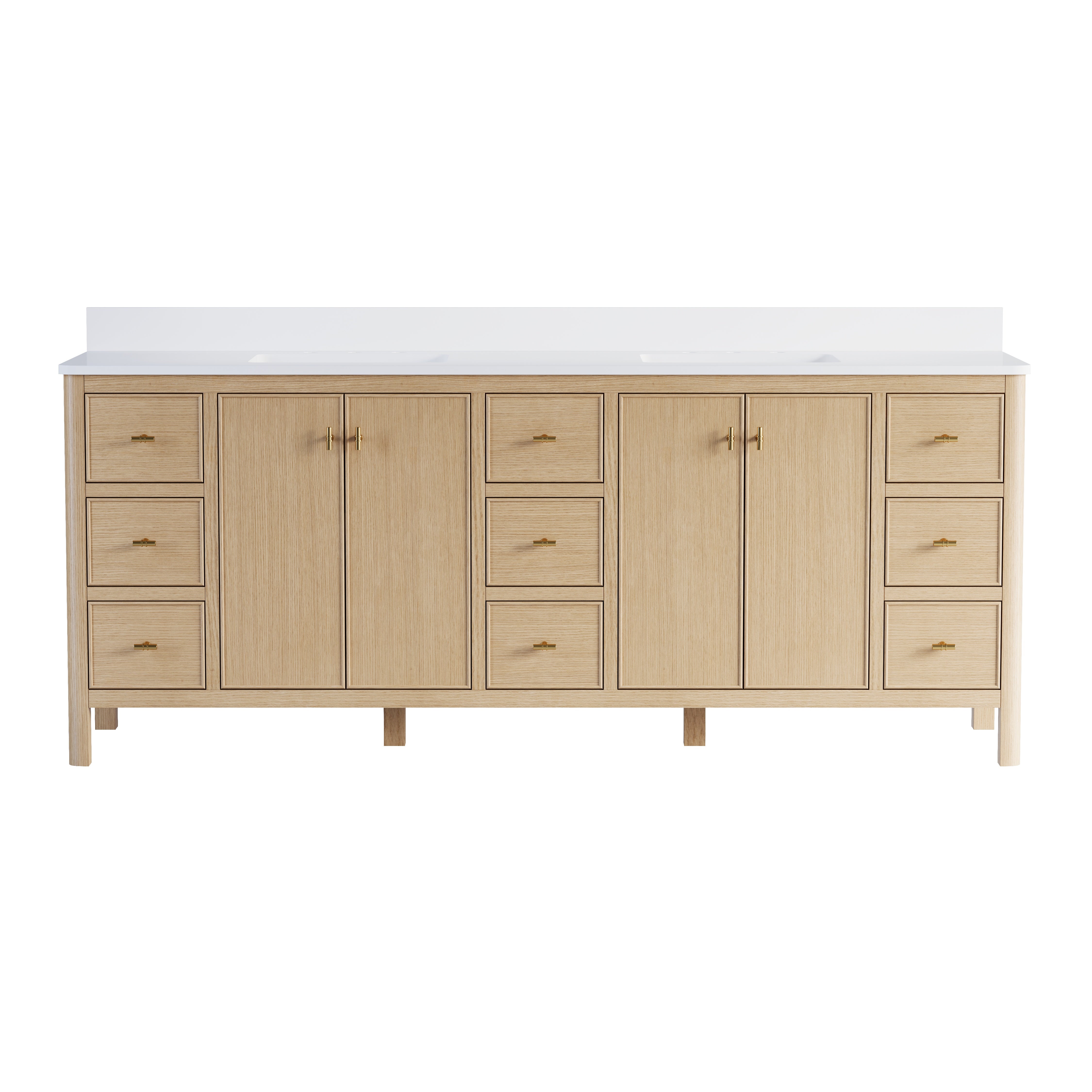 84 Inch Solid Wood Oak Bathroom Vanity with White Quartz Countertop & Sink – 9 Dovetail Soft-Close Drawers