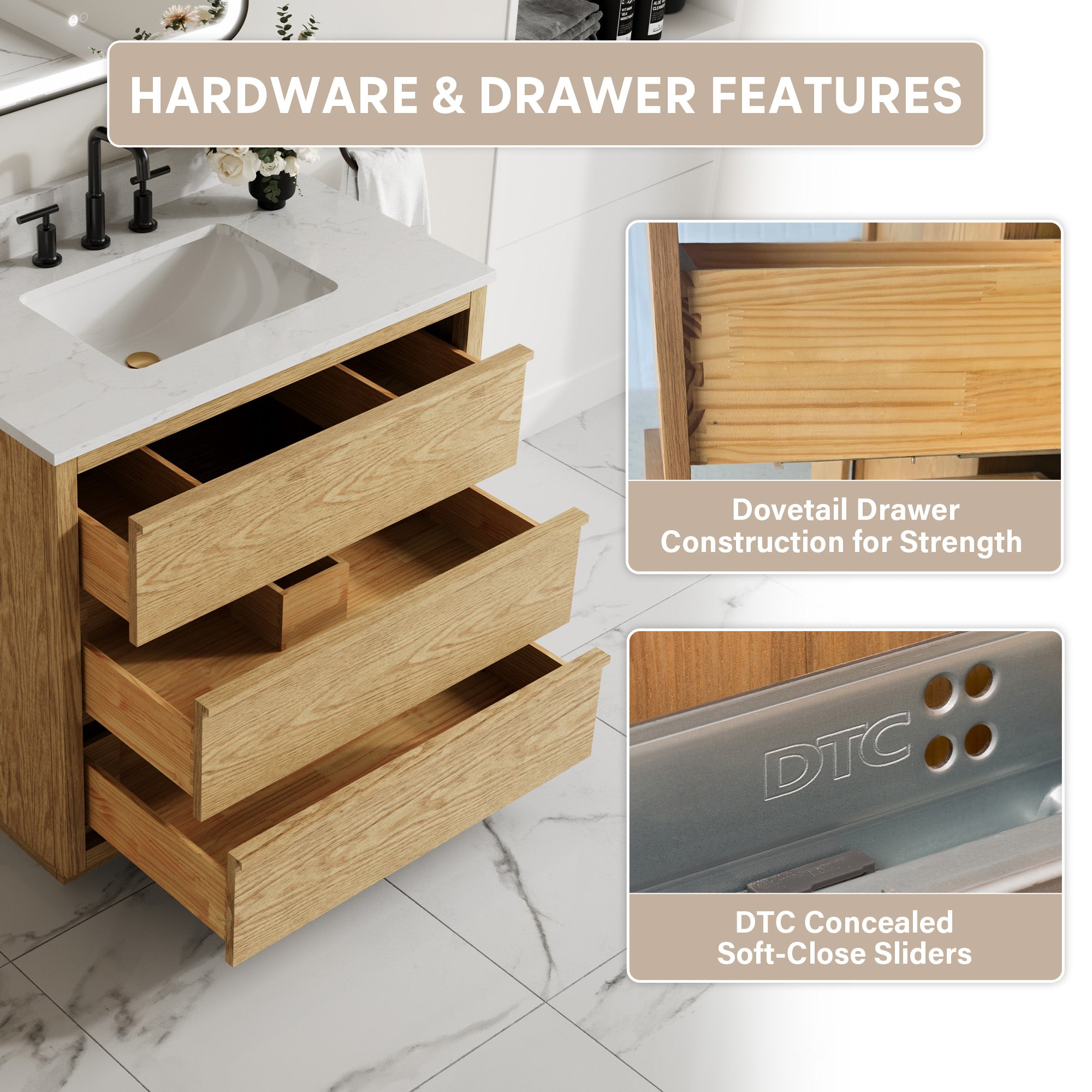36 Inch Oak Soild Wood Bathroom Vanity with Single Undermount Sink, 3 Dovetail-constructed Drawers
