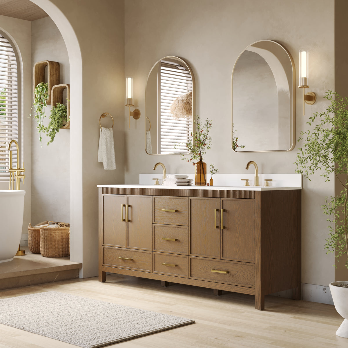 72 Inch Freestanding Solid Wood Bathroom Vanity with Pure White Quartz Countertop, 4 Soft-Close Doors & 5 Dovetail Drawers, Walnut