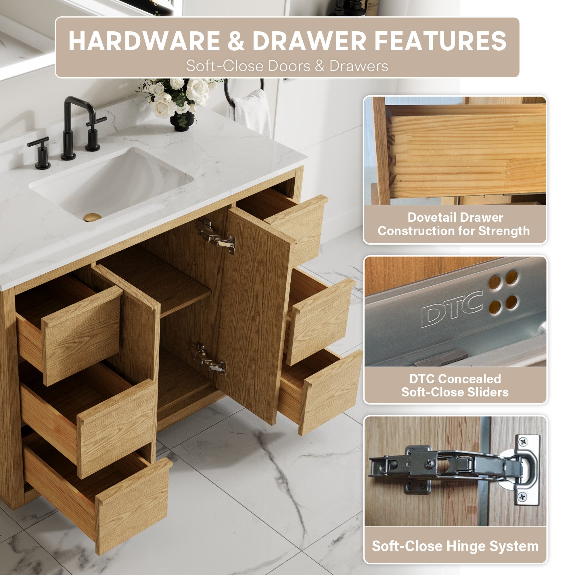 48 Inch Oak Soild Wood Bathroom Vanity with Sink, 6 Dovetail-constructed Drawers and 2 Soft-close Doors