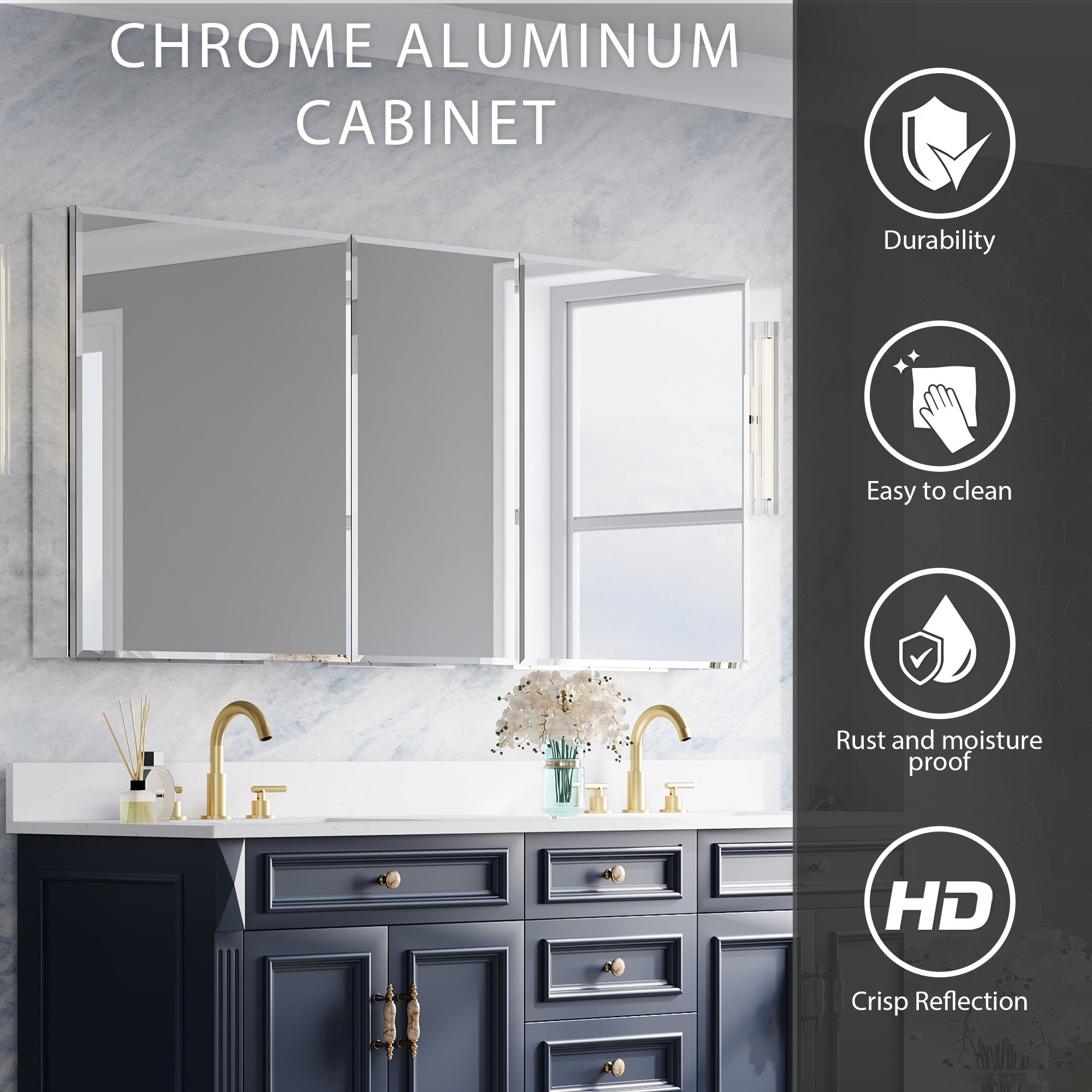 64 in.×30 in.H Copper-Free Mirror Medicine Cabinet with Beveled Mirror Door, Soft-Close Blum® Hinges, 9 Adjustable Shelves