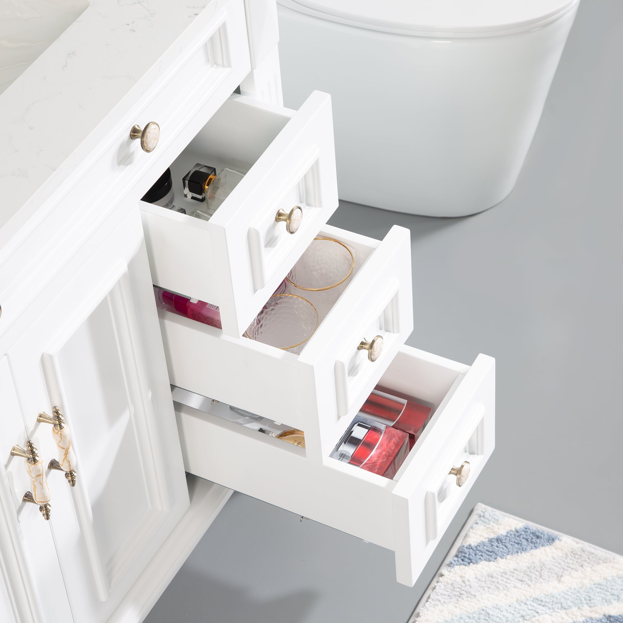 36 in. White Freestanding Solid Wood Bathroom Vanity Storage Organizer with Carrara White Quartz Countertop