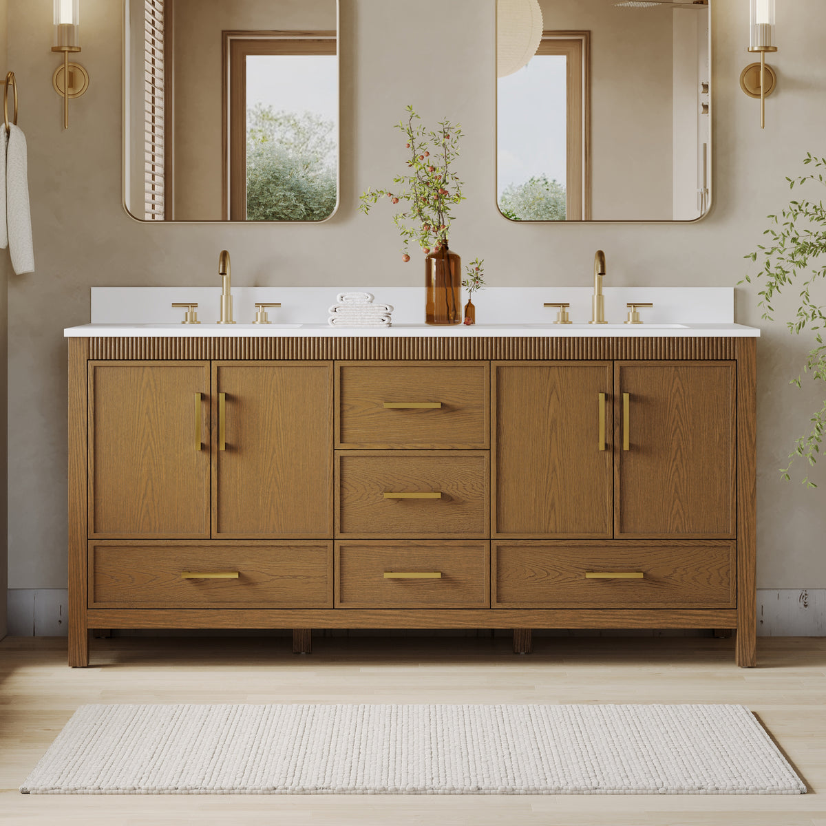 72 Inch Freestanding Solid Wood Bathroom Vanity with Pure White Quartz Countertop, 4 Soft-Close Doors & 5 Dovetail Drawers, Walnut
