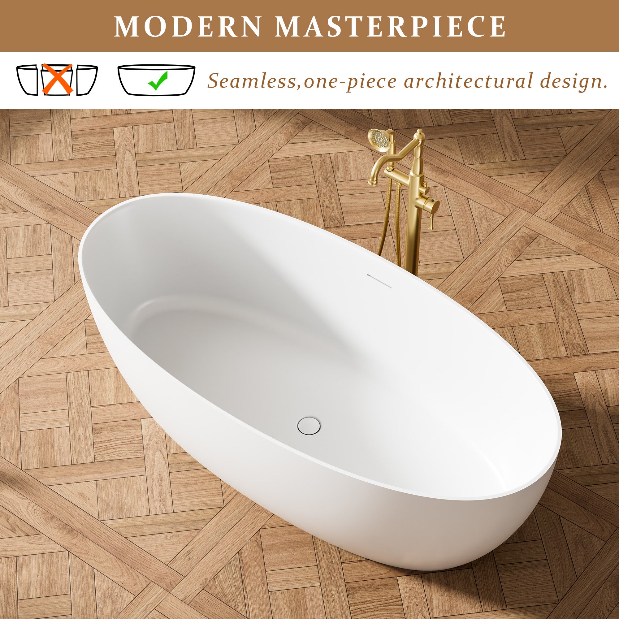 67" Matte White Solid Surface Bathtub with Drain & Integrated Slotted Overflow, 78 Gallons