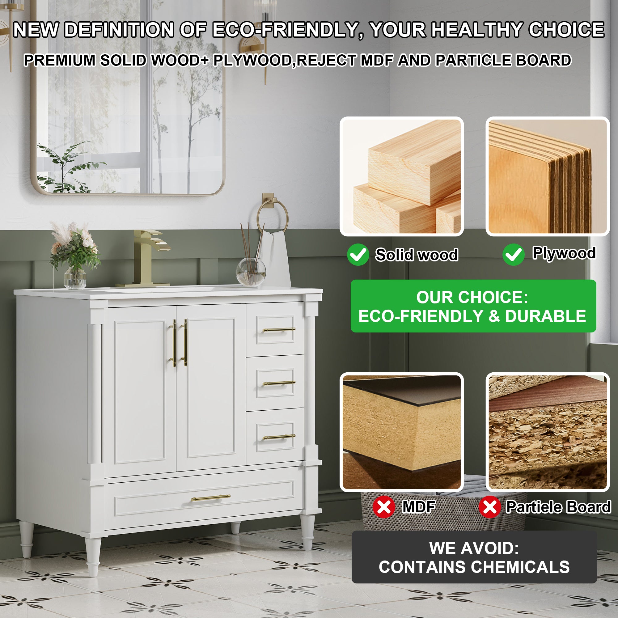 36 inch Bathroom Vanity with Single Sink, Solid Wooden Standing Bathroom Cabinet with Soft-Closing Doors