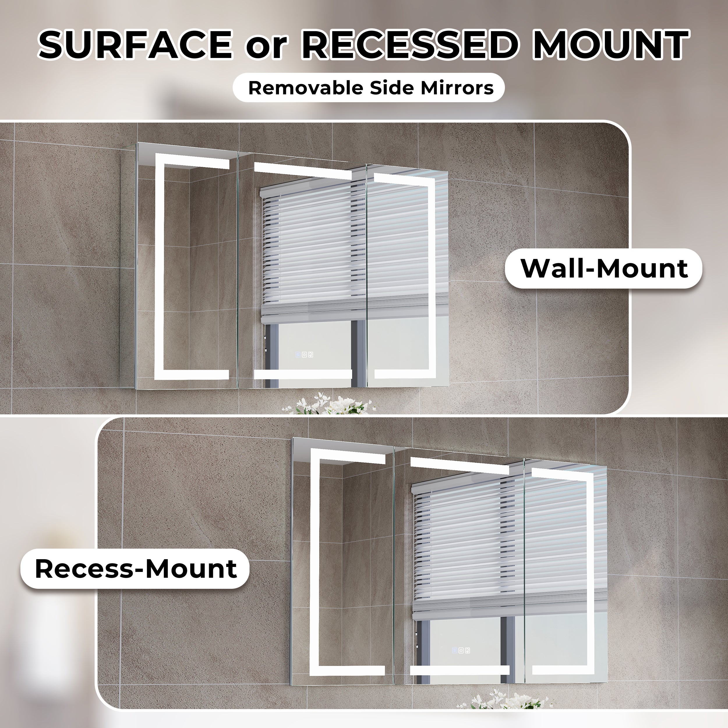 48 in. x 30 in. LED Lighted Surface/Recessed Mount Aluminum Mirror Medicine Cabinet Anti-Fog Dimmable with Outlet