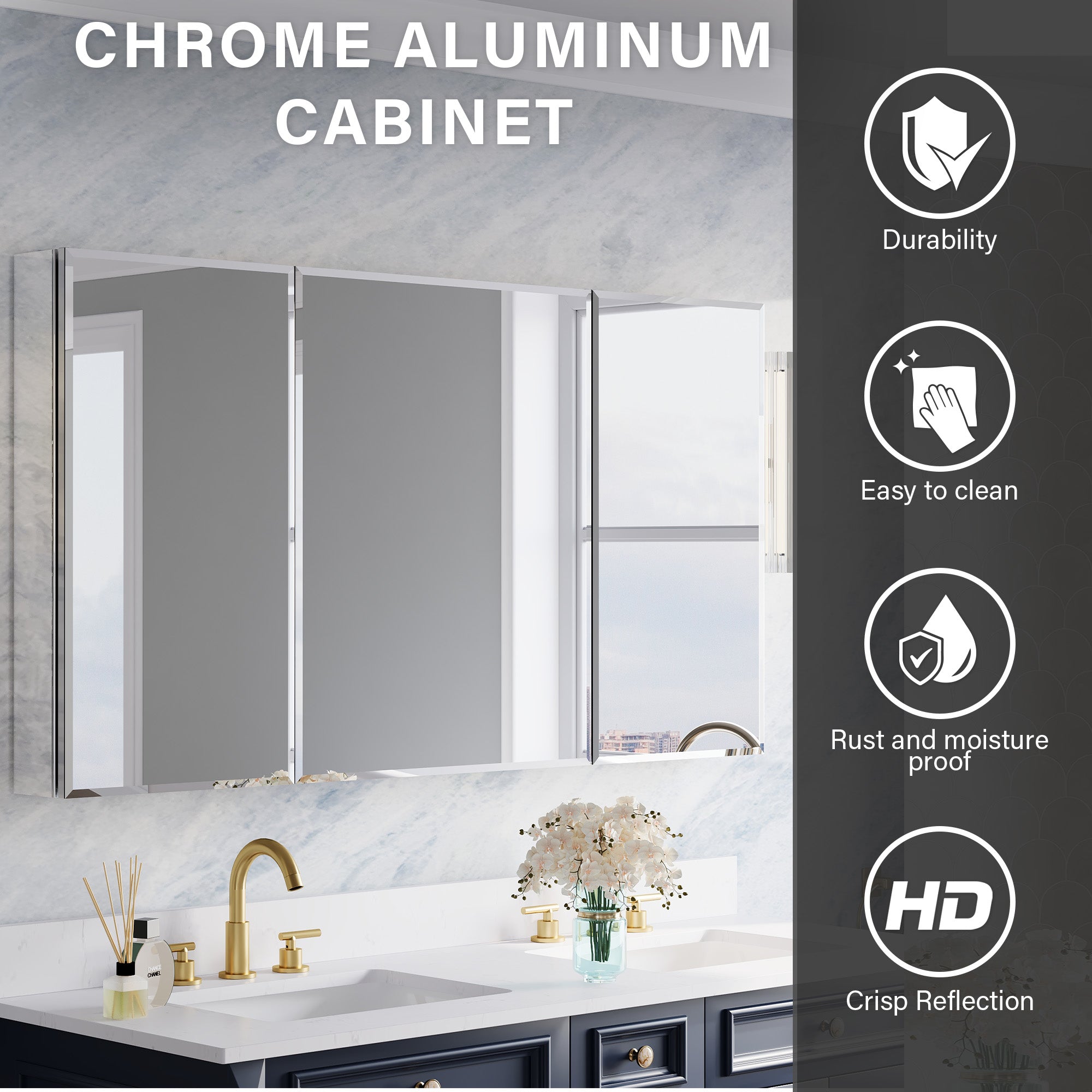 56 in.×30 in.H Aluminum Copper-Free Mirror Medicine Cabinet with Beveled Mirror Door, Soft-Close Blum® Hinges, 9 Adjustable Shelves