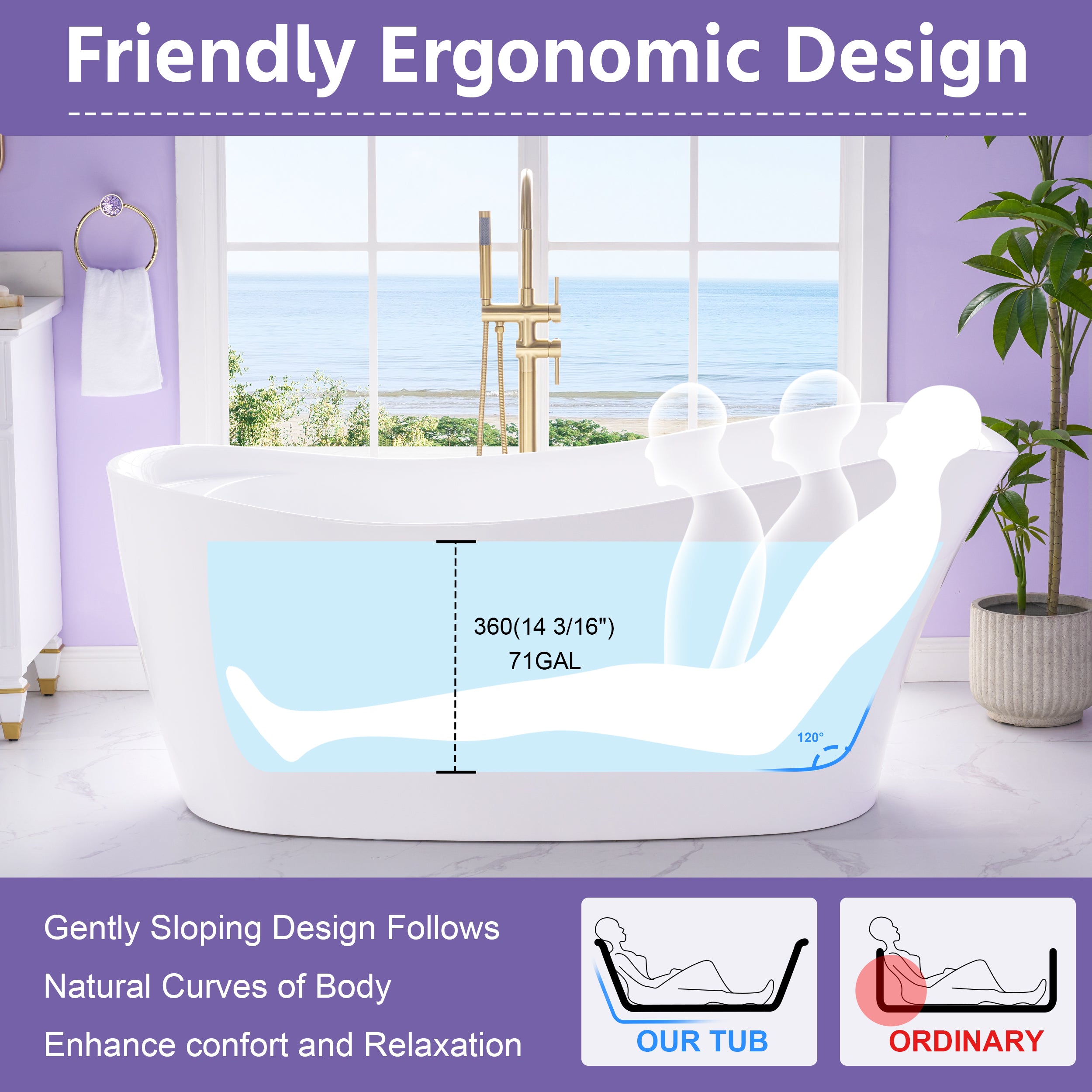 69" Freestanding Glossy White Acrylic Bathtub with Slotted Overflow and Drainer