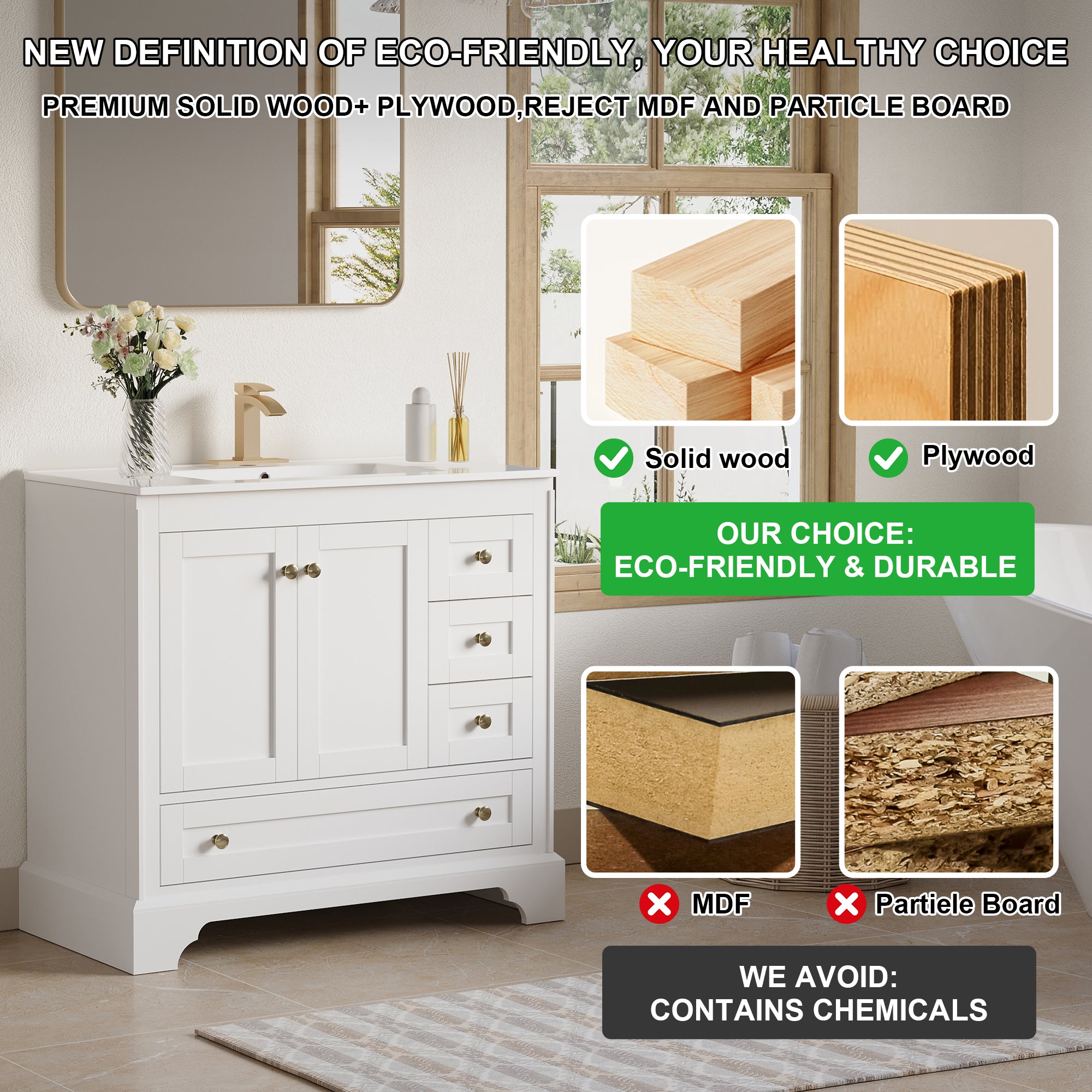 36 inch Bathroom Vanity with Sink Combo Set, Solid Wood Bathroom Storage Cabinet with Soft-Closing Doors, White