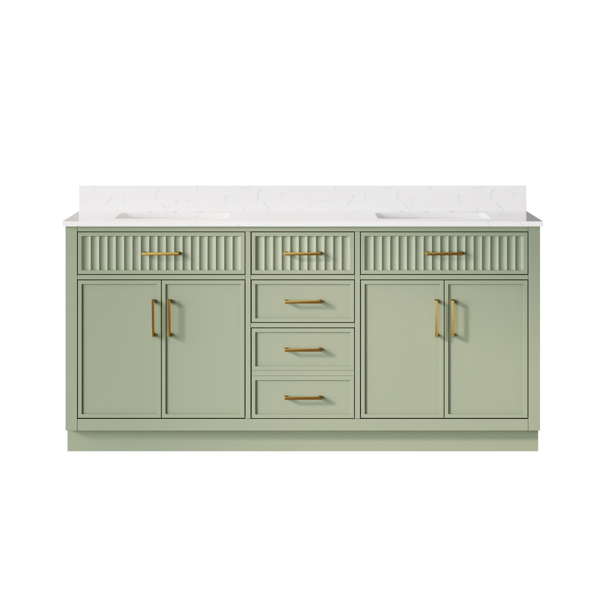 72 Inch Freestanding Solid Wood & Plywood Bathroom Vanity with Soft-Close Drawers, Carrara White Quartz Countertop, SAGE GREEN