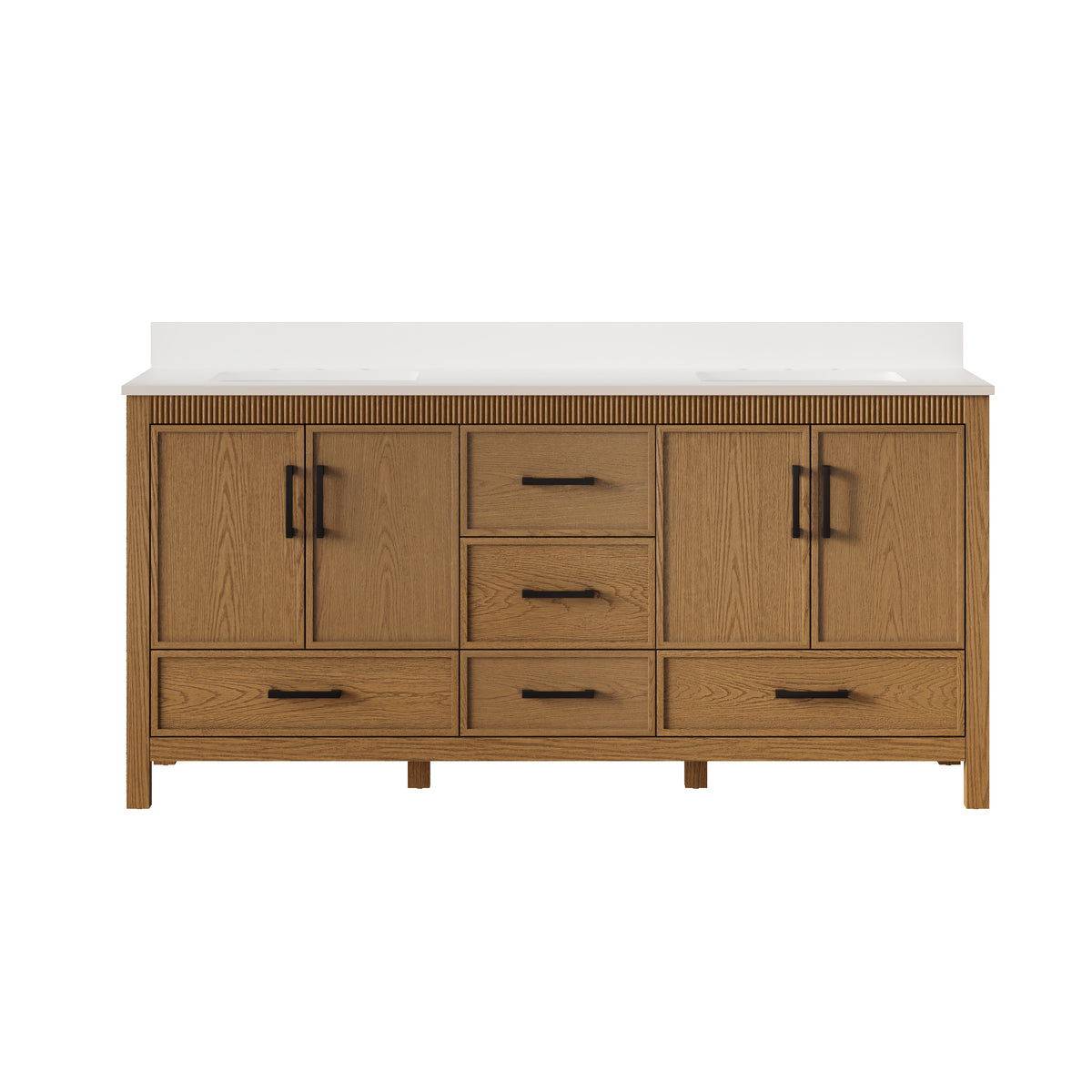 72 Inch Freestanding Solid Wood Bathroom Vanity with Pure White Quartz Countertop, 4 Soft-Close Doors & 5 Dovetail Drawers, Walnut